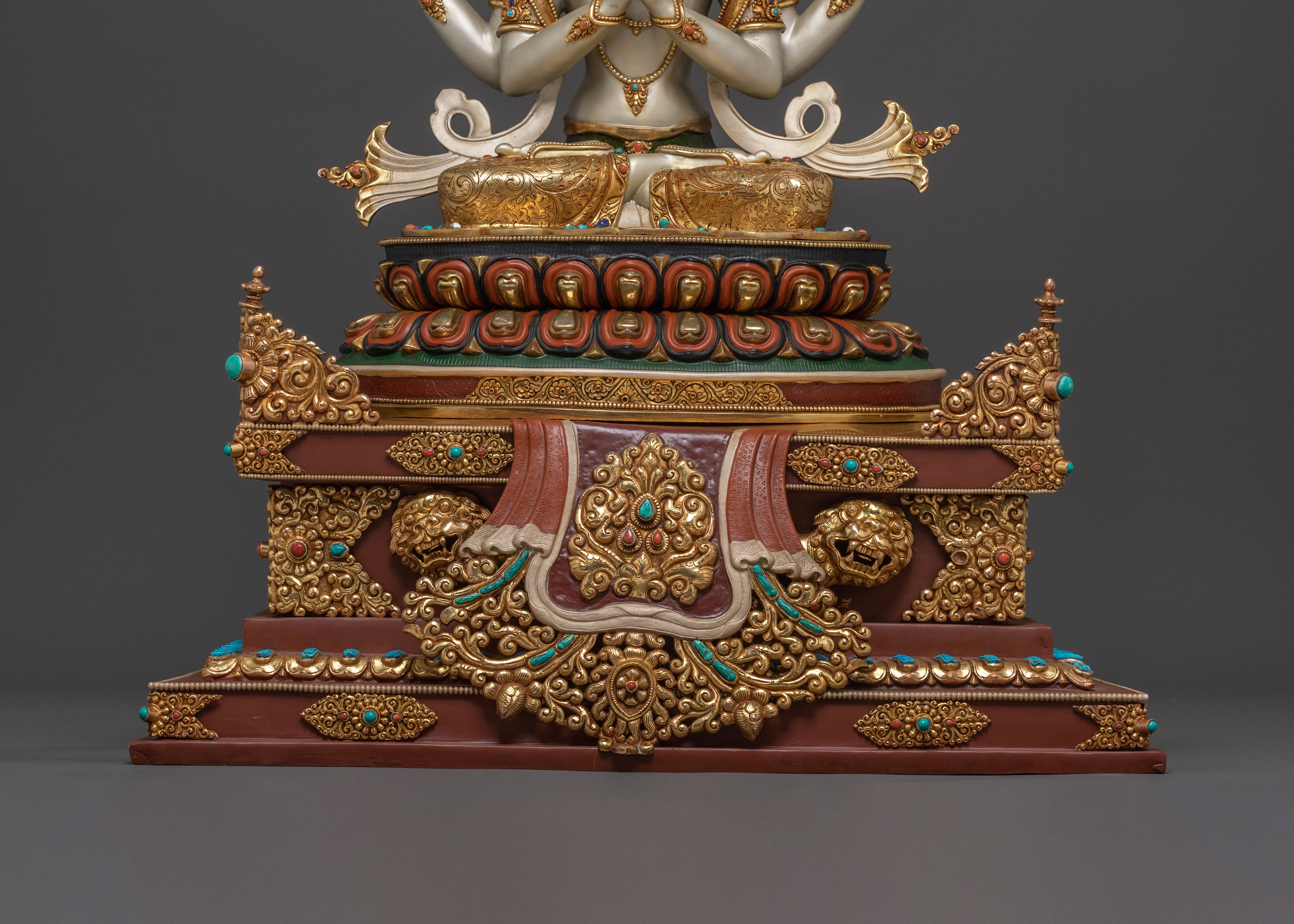 Majestic Chenrezig on Throne Statue with 24k Gold Glided and Gemstones Inlays