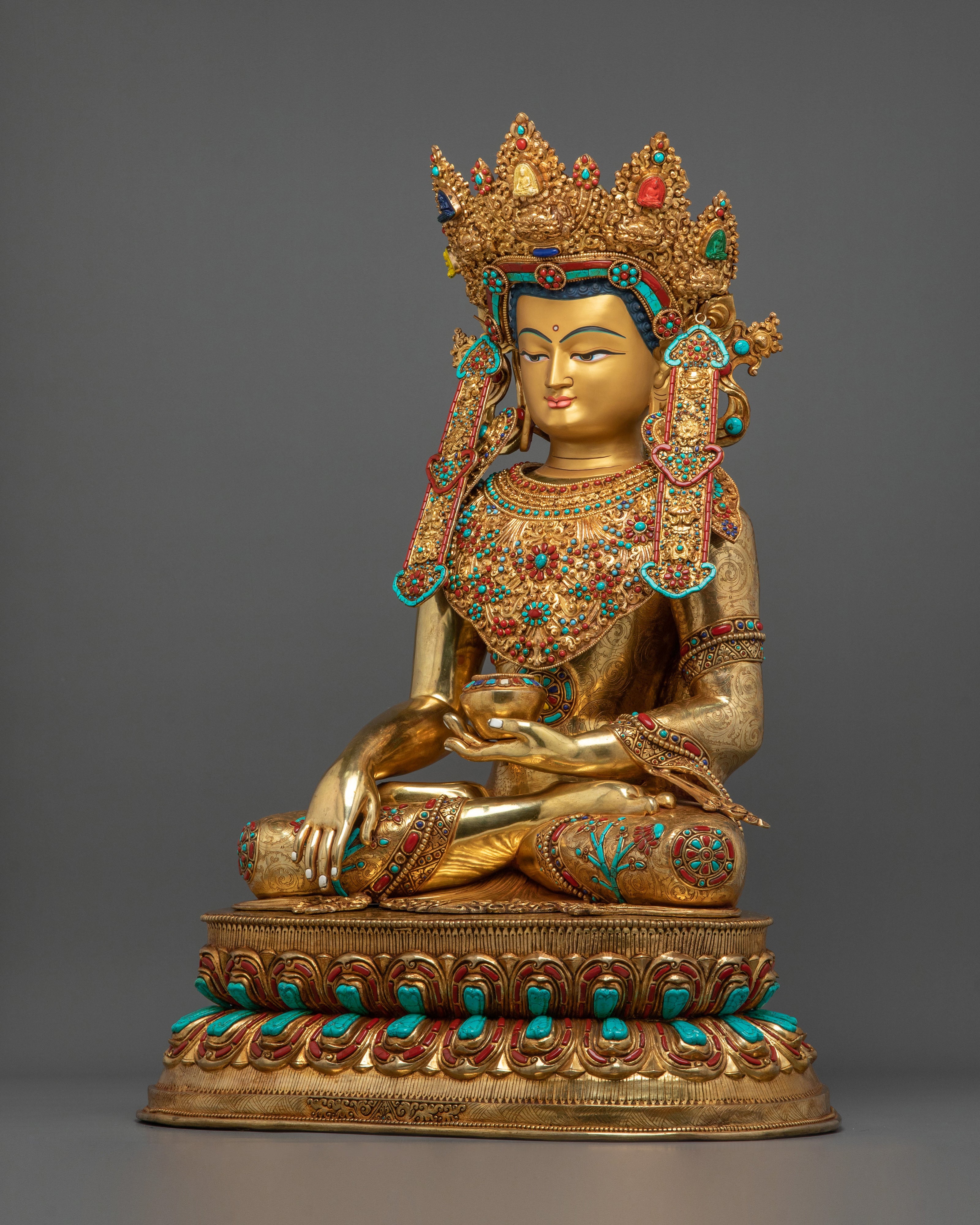 Crown Shakyamuni Buddha Sculpture | 24K Gold Gilded Artistry