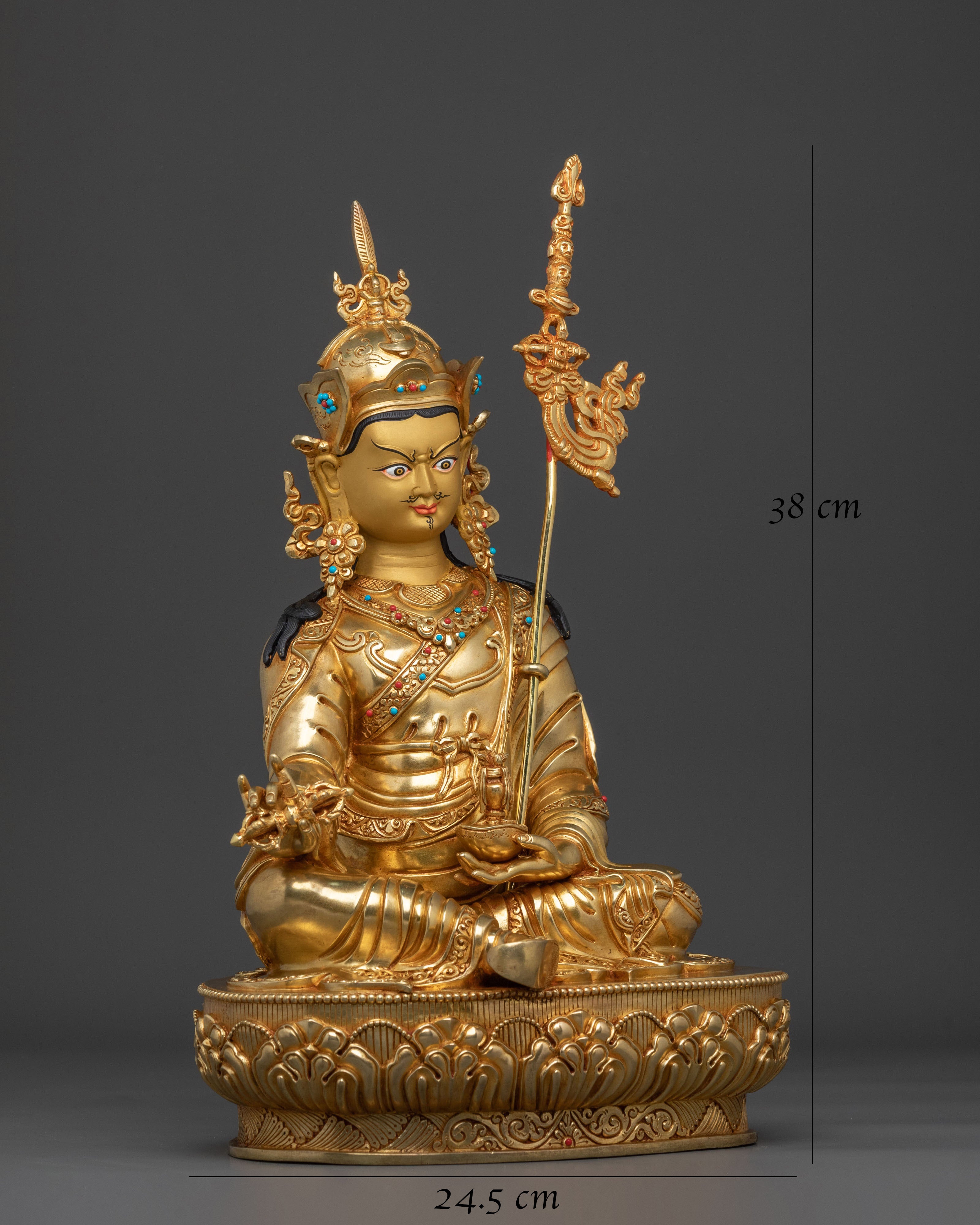 Buddhist Precious Figurine of Guru Rinpoche in Glimmering 24K Gold