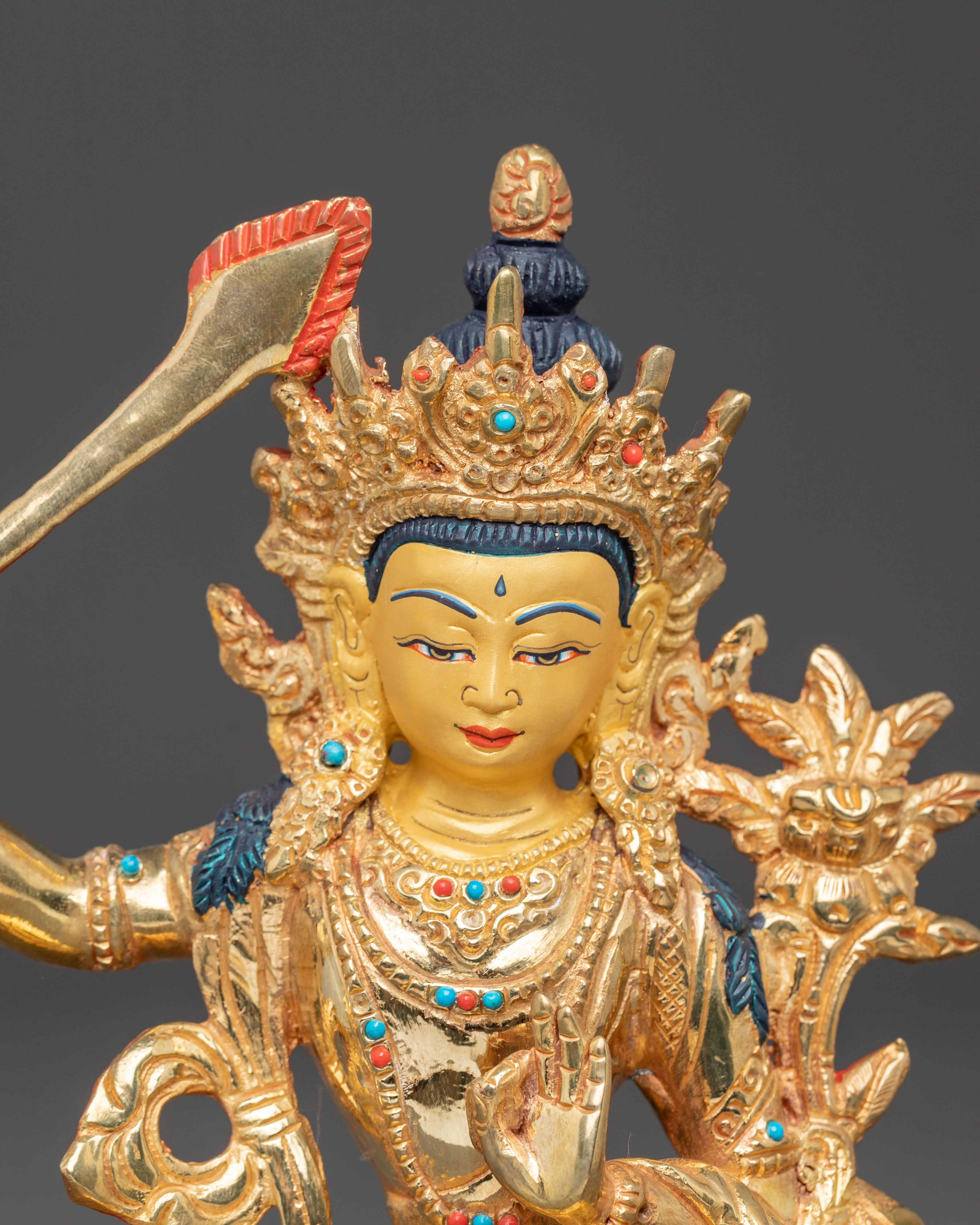 Handmade Golden Manjushri Copper Statue | Symbol of Wisdom