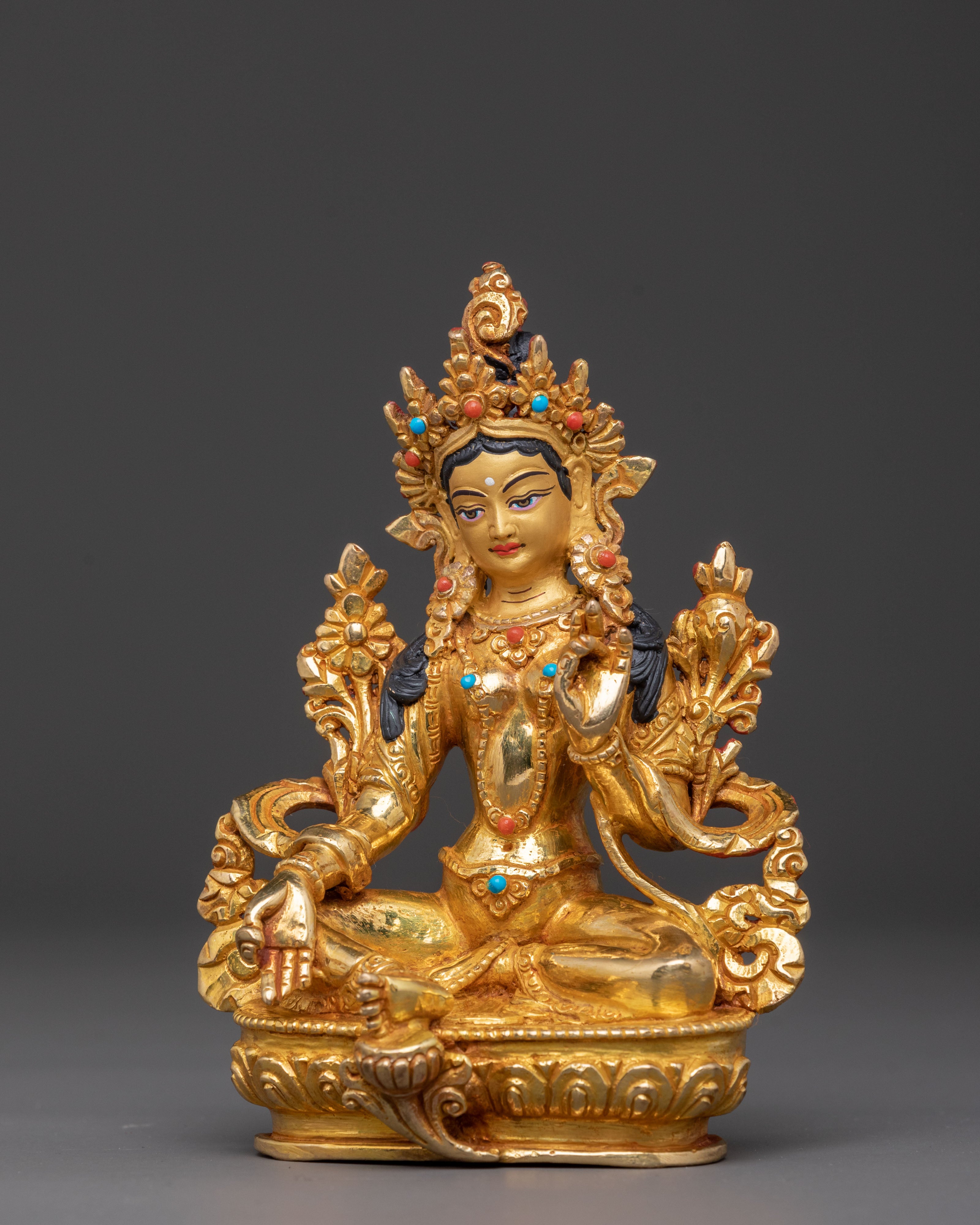 Green Tara Compassion Bodhisattva Statue: Serene Gilded Copper