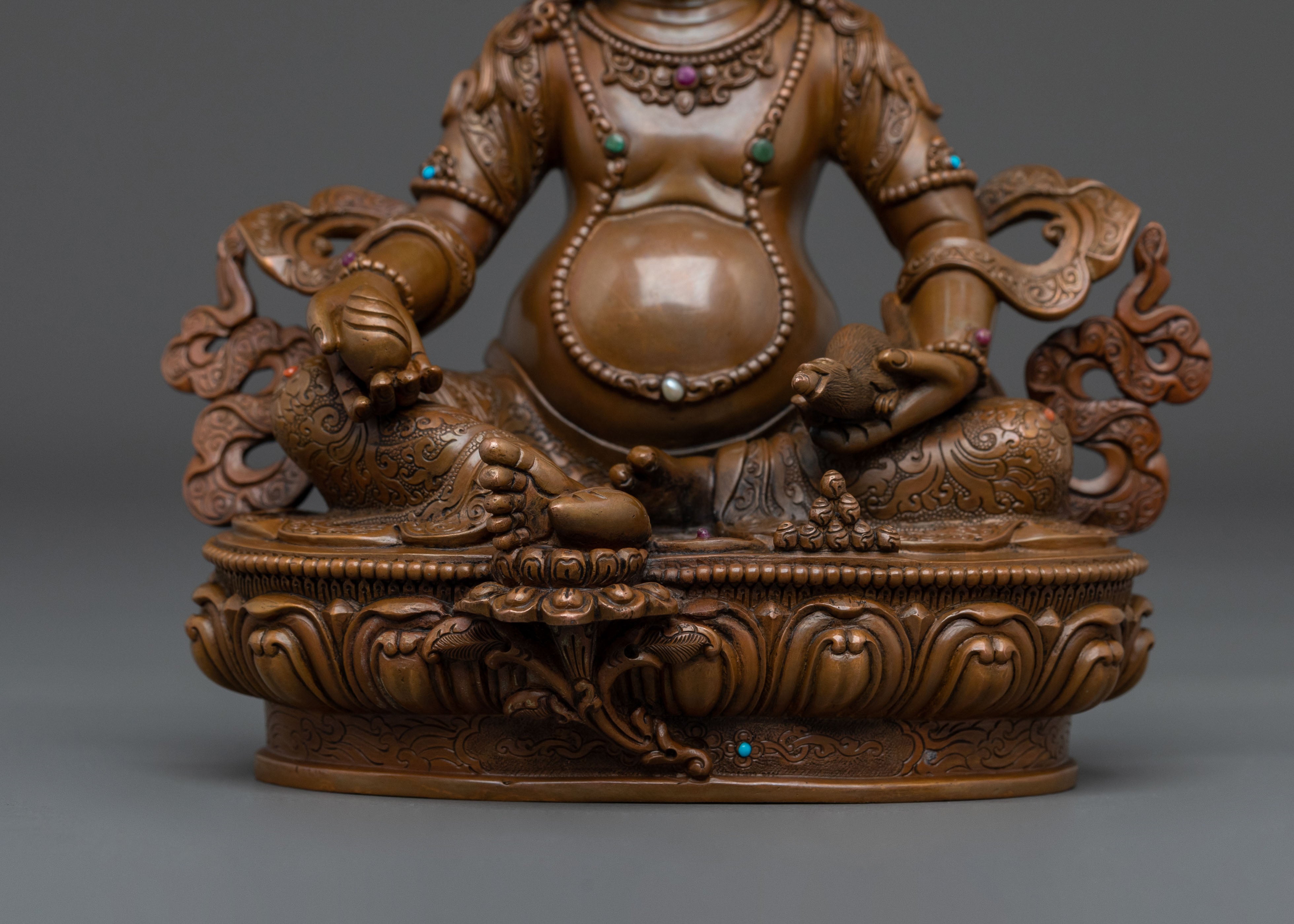 Handmade Dzambhala Wealth Deity Sculpture: Oxidized Copper Statue