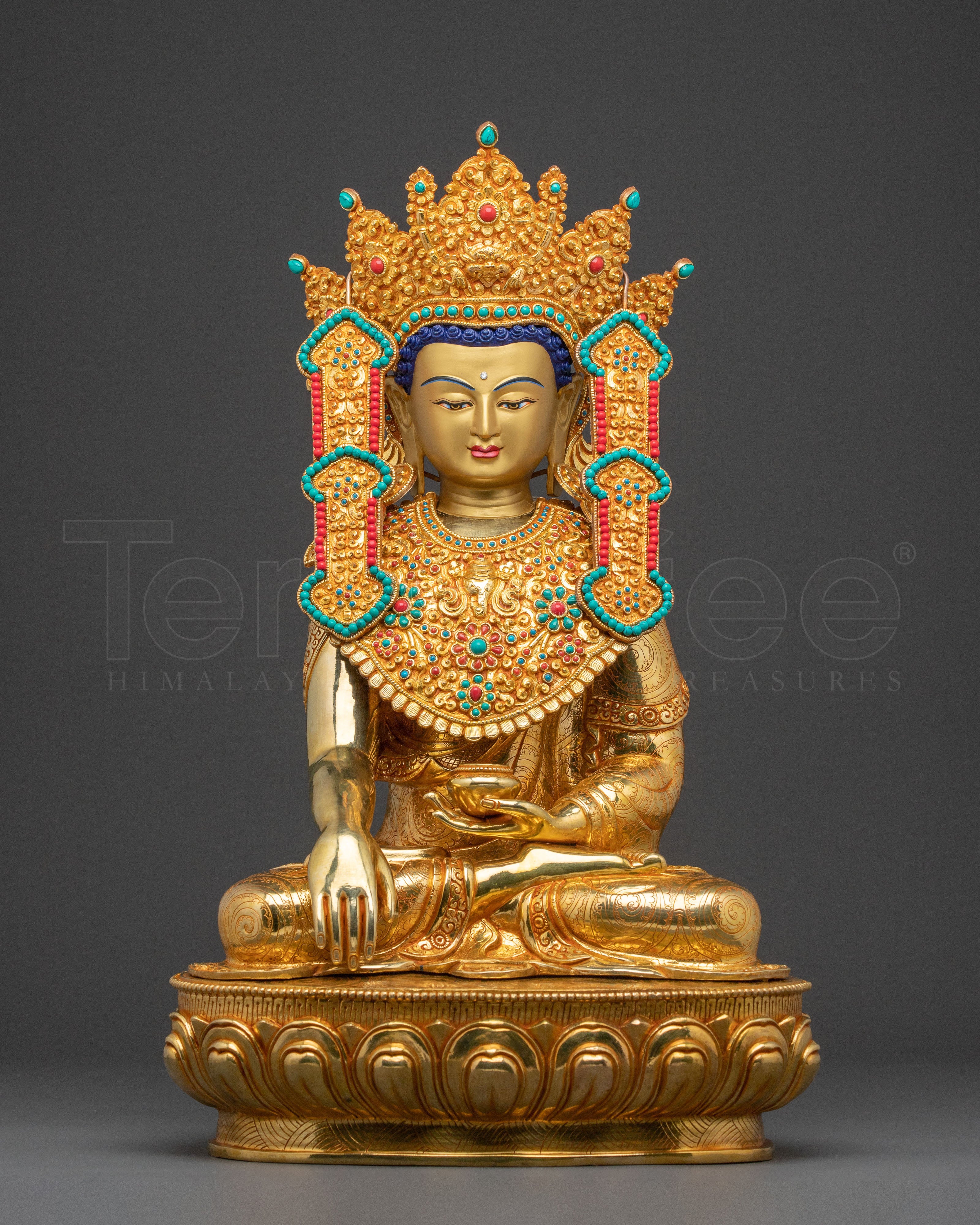 24k Gold Gilded Shakyamuni Buddha Statue with Crown