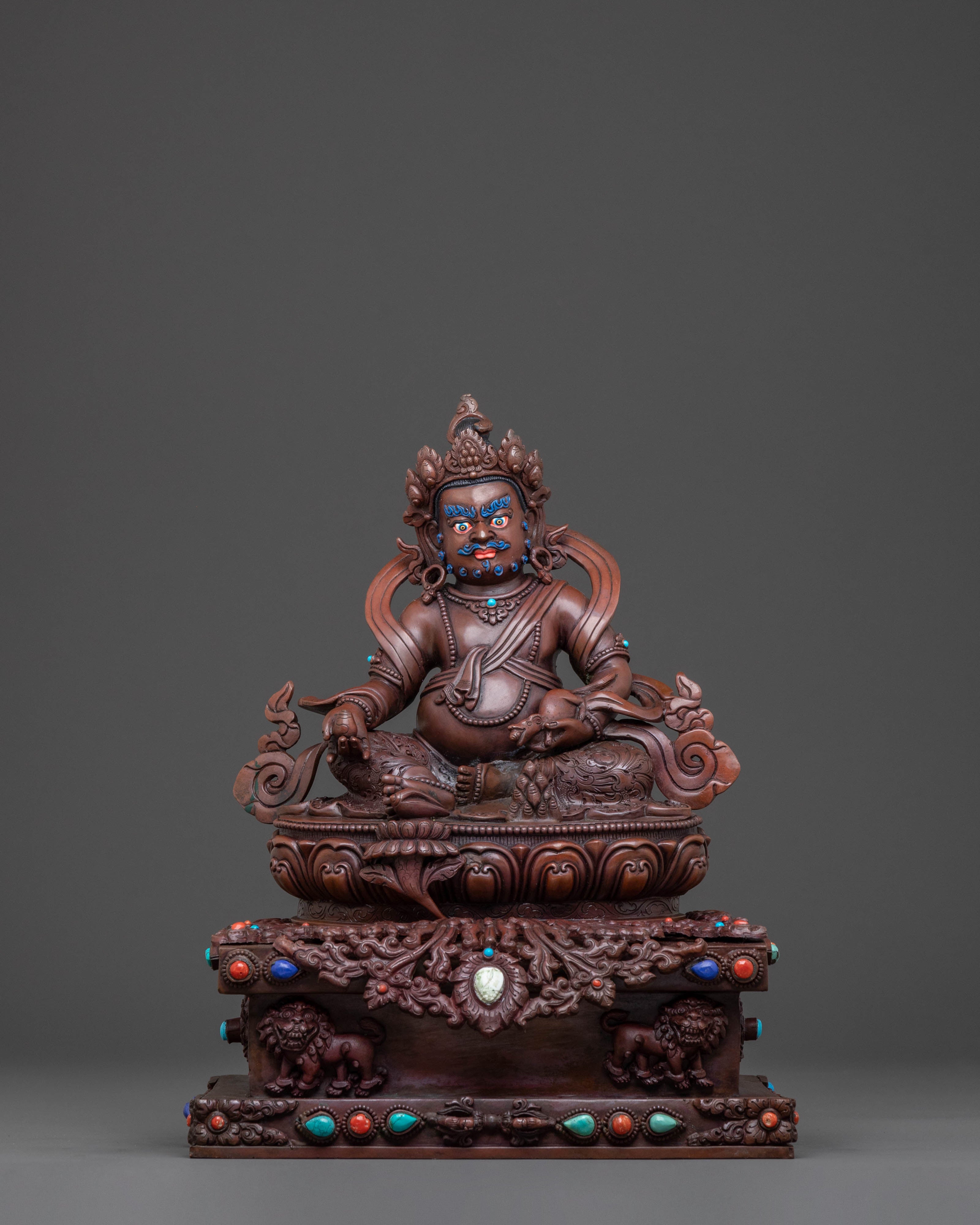 Dzambhala Sacred Statue with Throne - Oxidized Copper