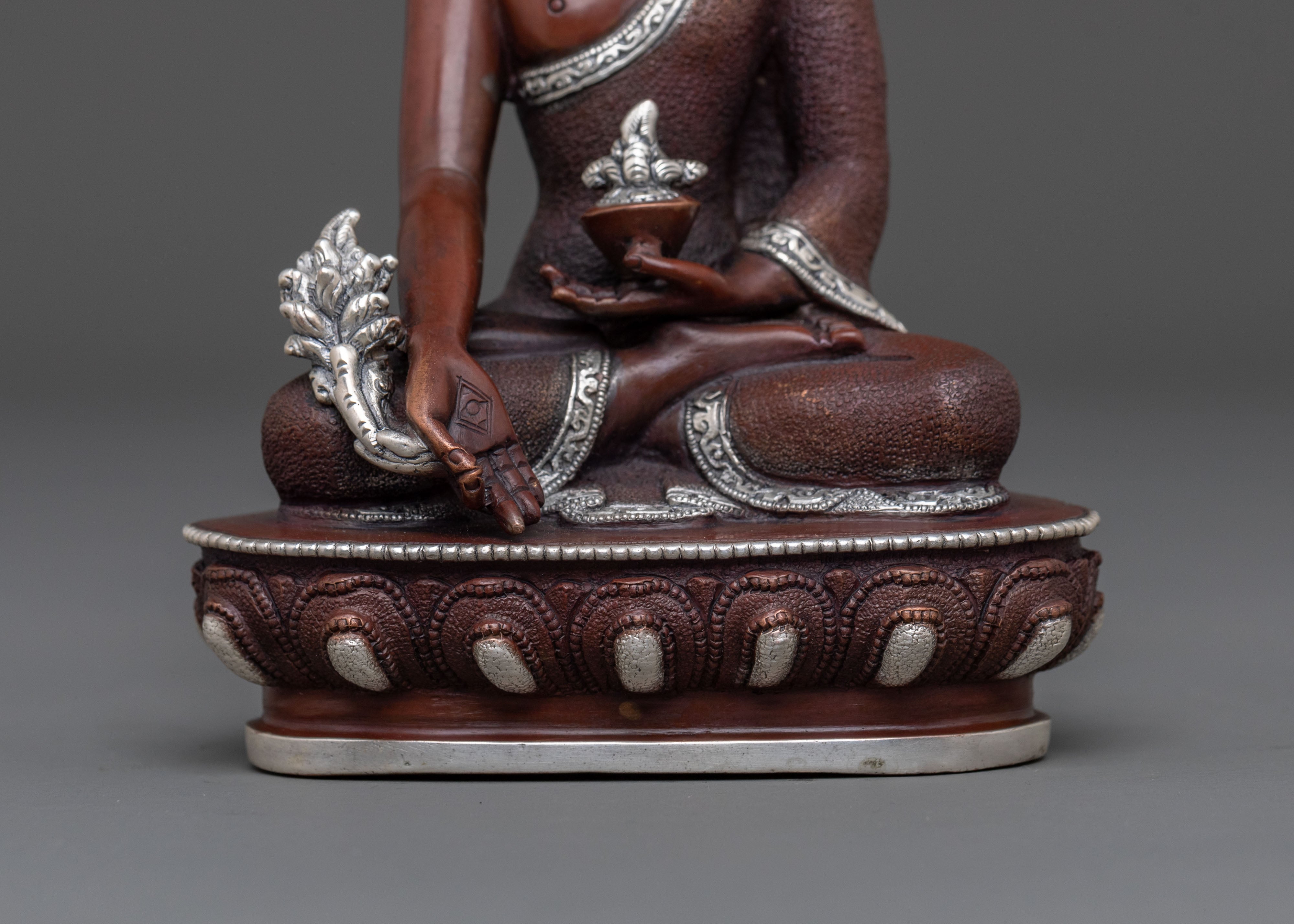 Healing Deity Medicine Buddha Statue in Silver and Oxidized Copper