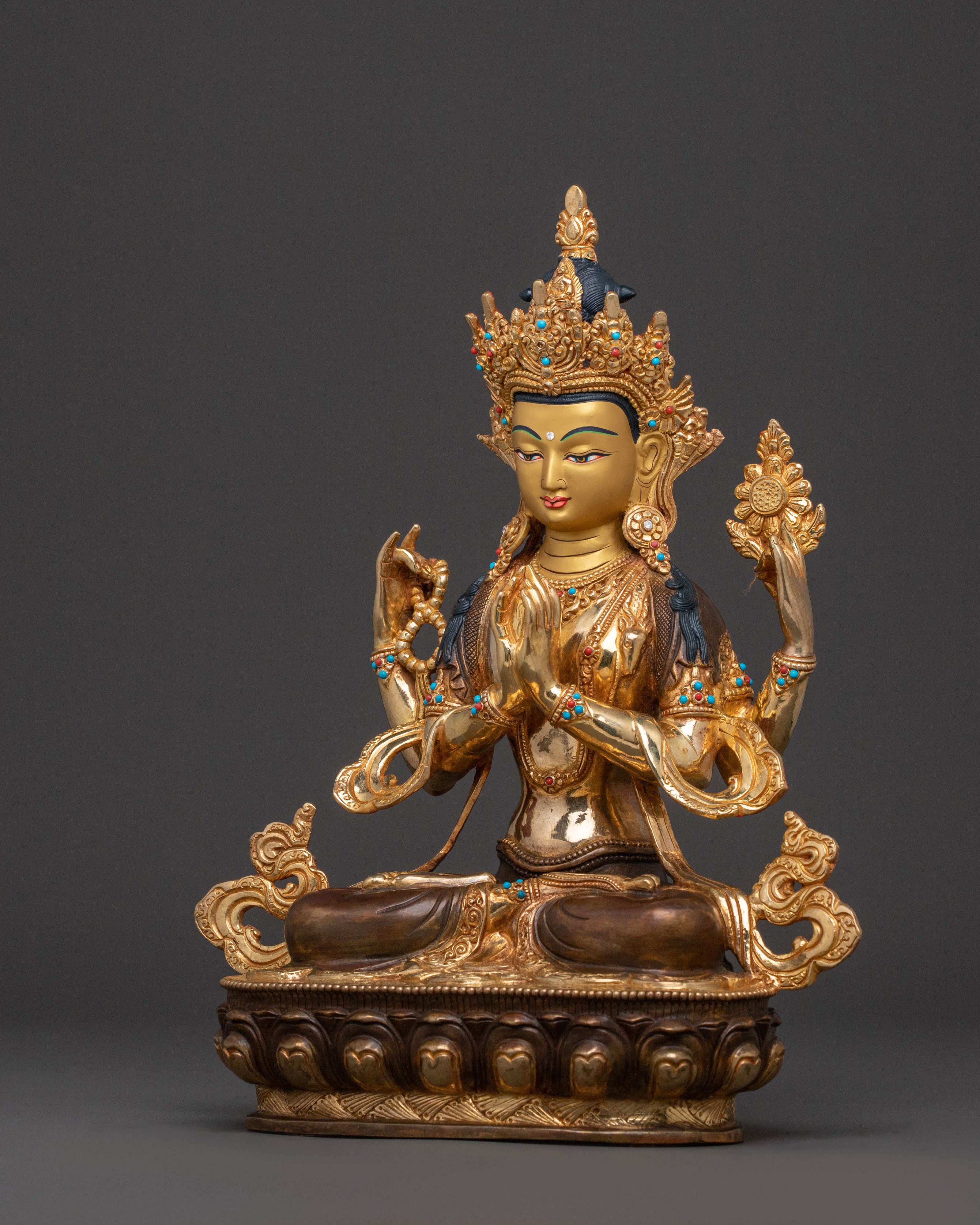 Chenrezig Tranquil Protector Statue | 24K Gilded Copper