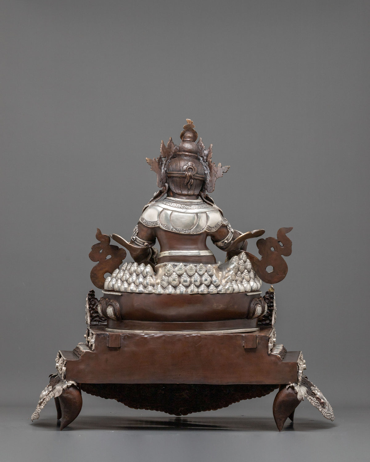 Dzambhala Statue on Throne | Oxidized Copper Figurine with Silver Plating