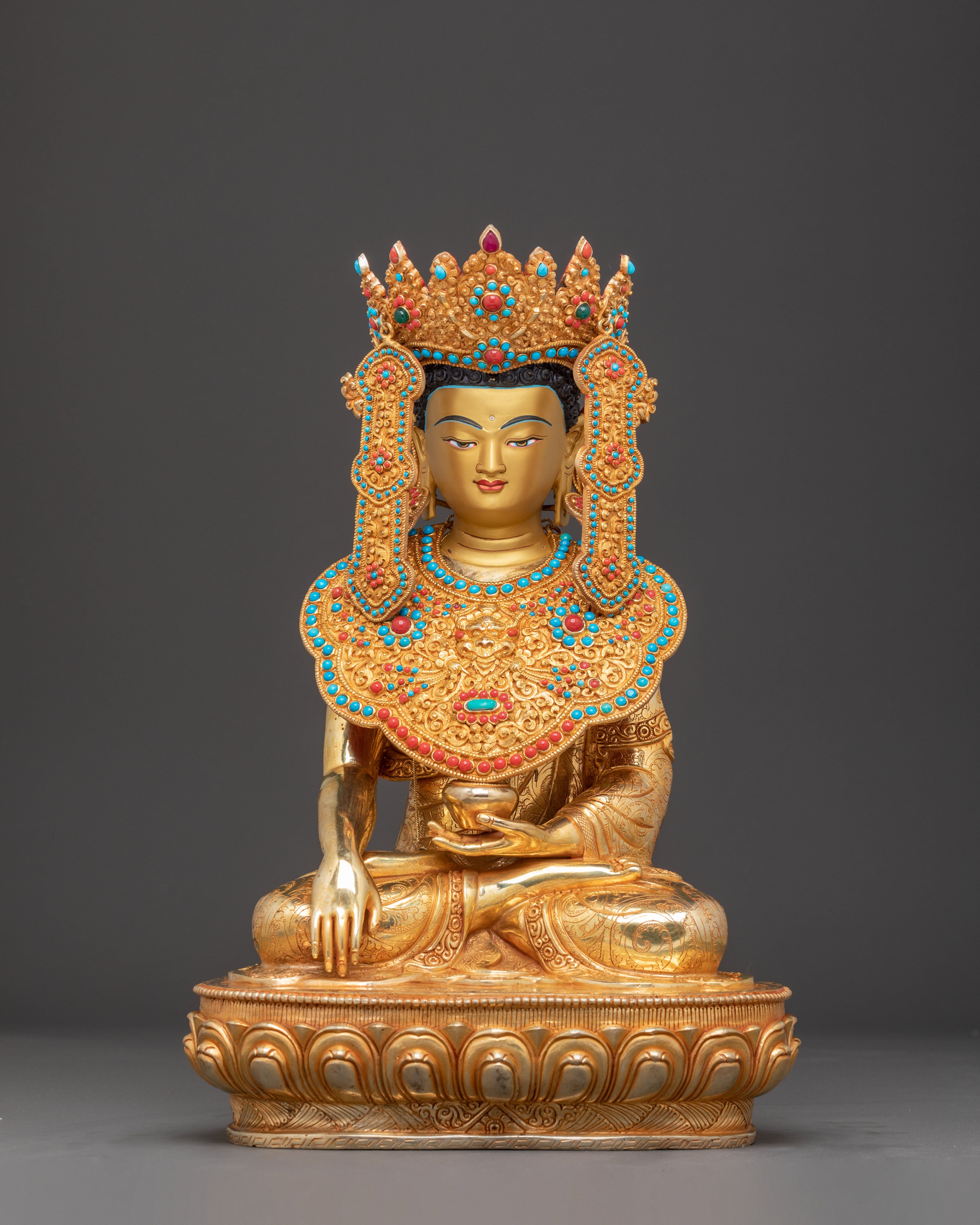 Handcrafted Golden Shakyamuni Buddha Statue with Gemstones