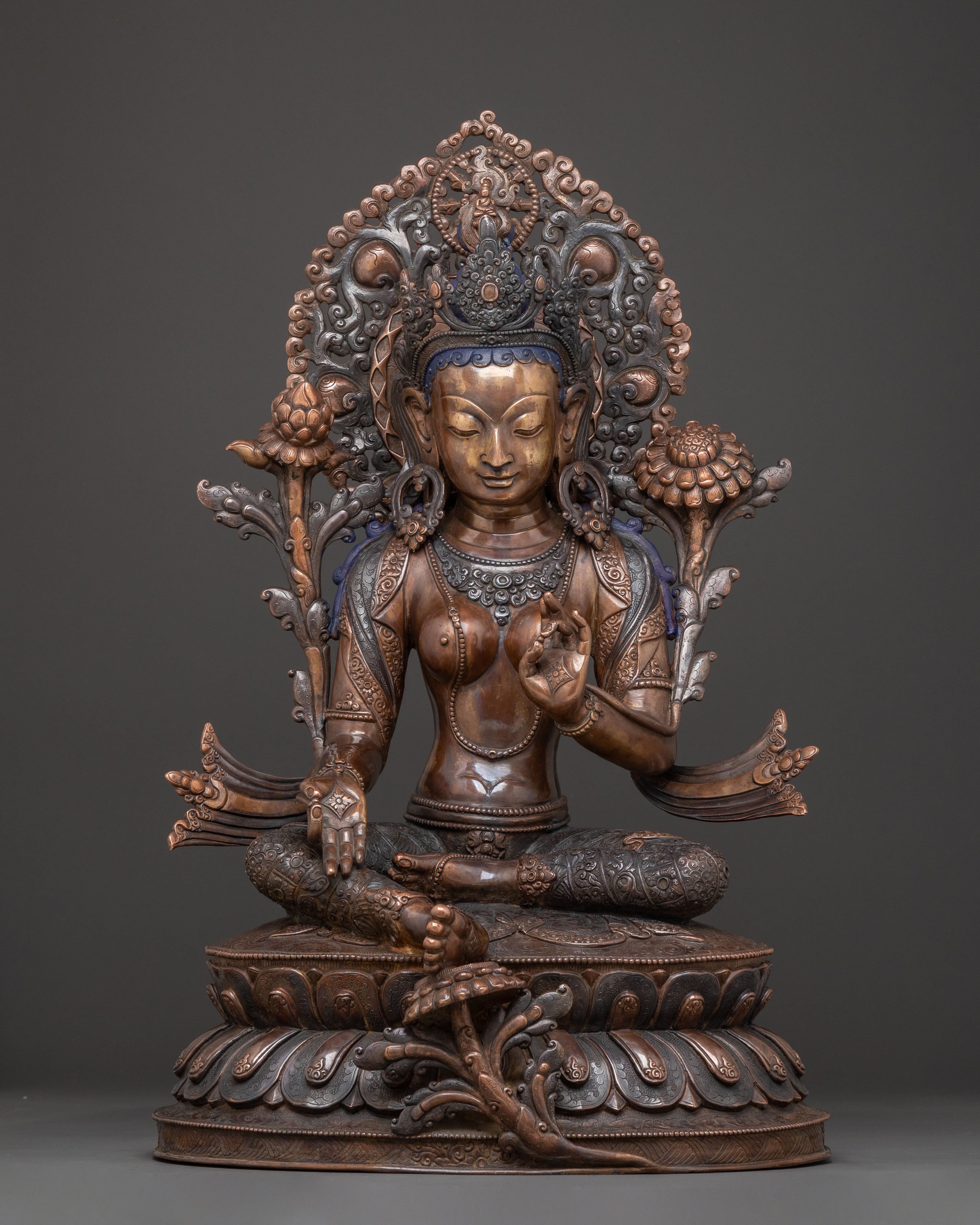 Copper Statue of Green Tara: Oxidized Himalayan Artistry