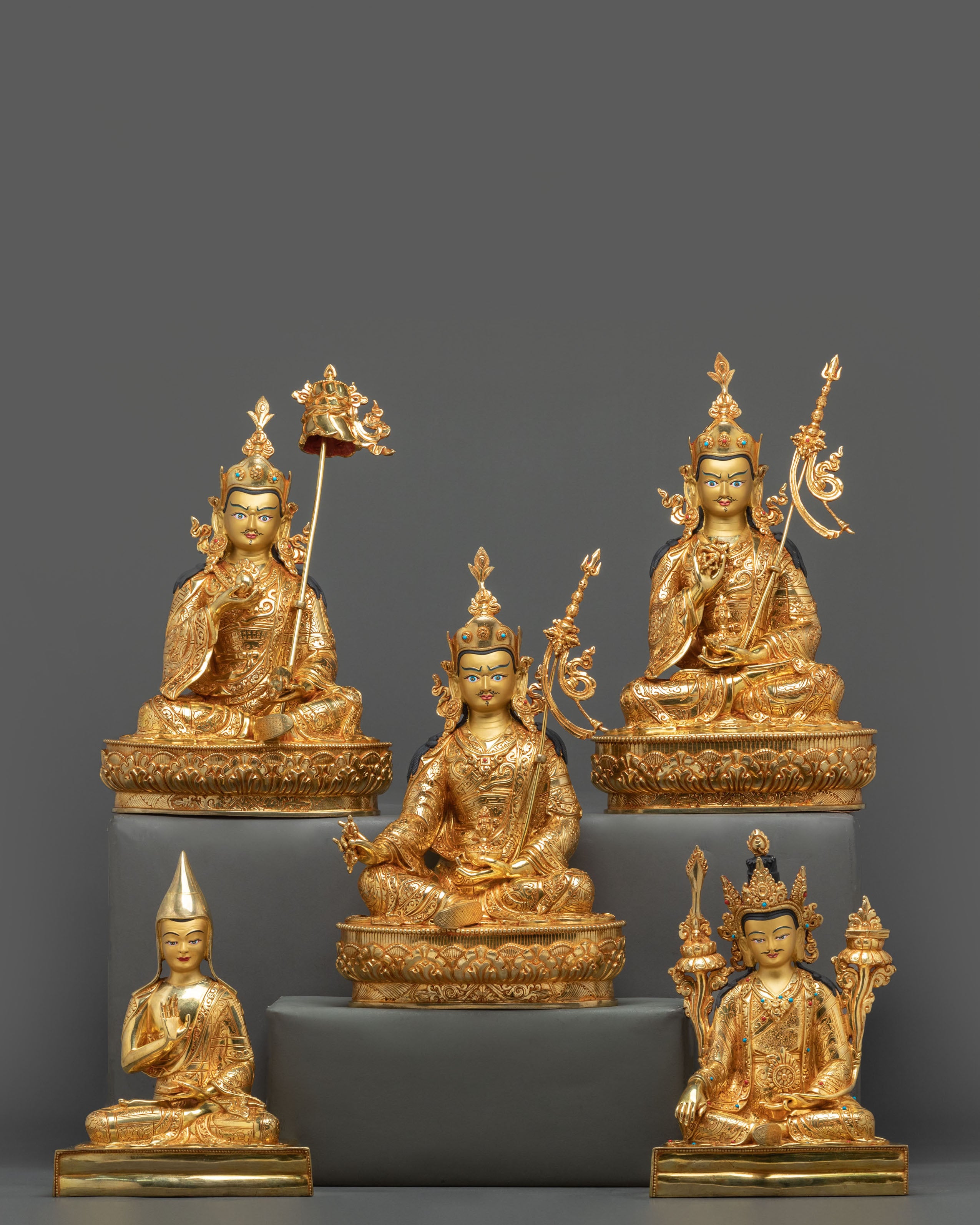 Guru Rinpoche Golden Statue Set | Buddhist Meditation Altar Decor