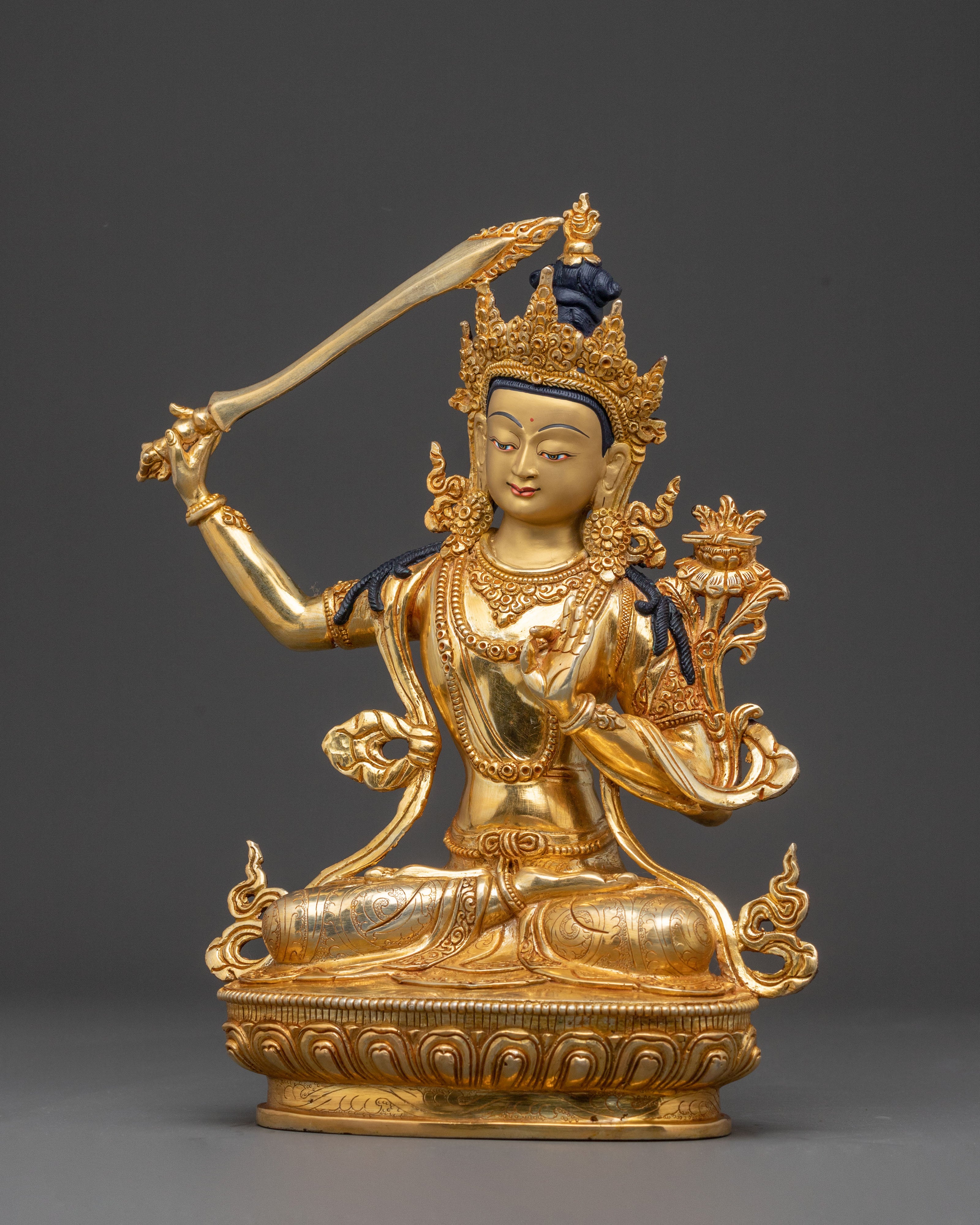 Gold Electroplated Manjushri Sculpture: Radiant Wisdom Artistry