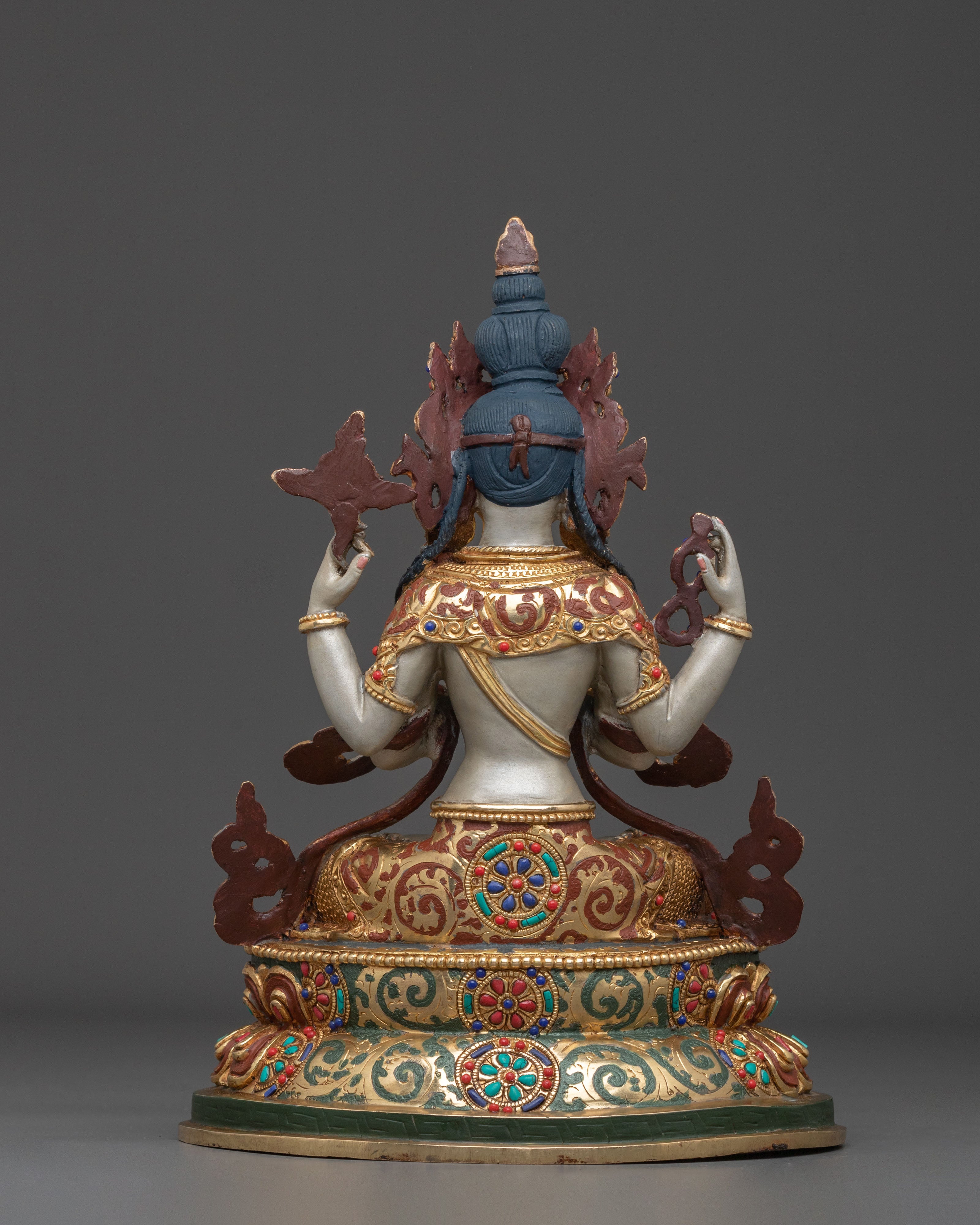 Hand Carved Four Armed Chenrezig Sculpture: Embodiment of Compassion