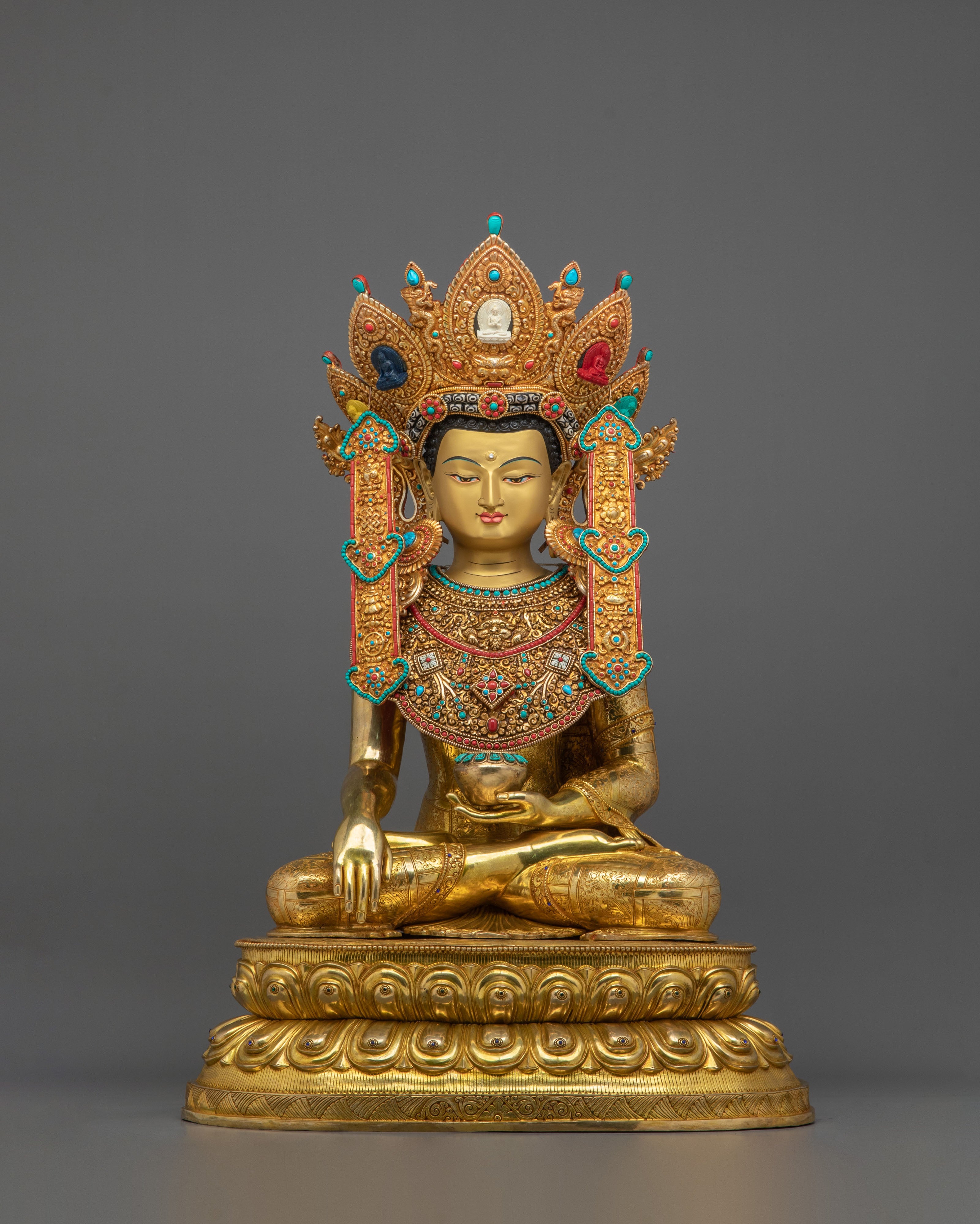 Crown Shakyamuni Buddha Sculpture | 24K Gold Gilded Figurine