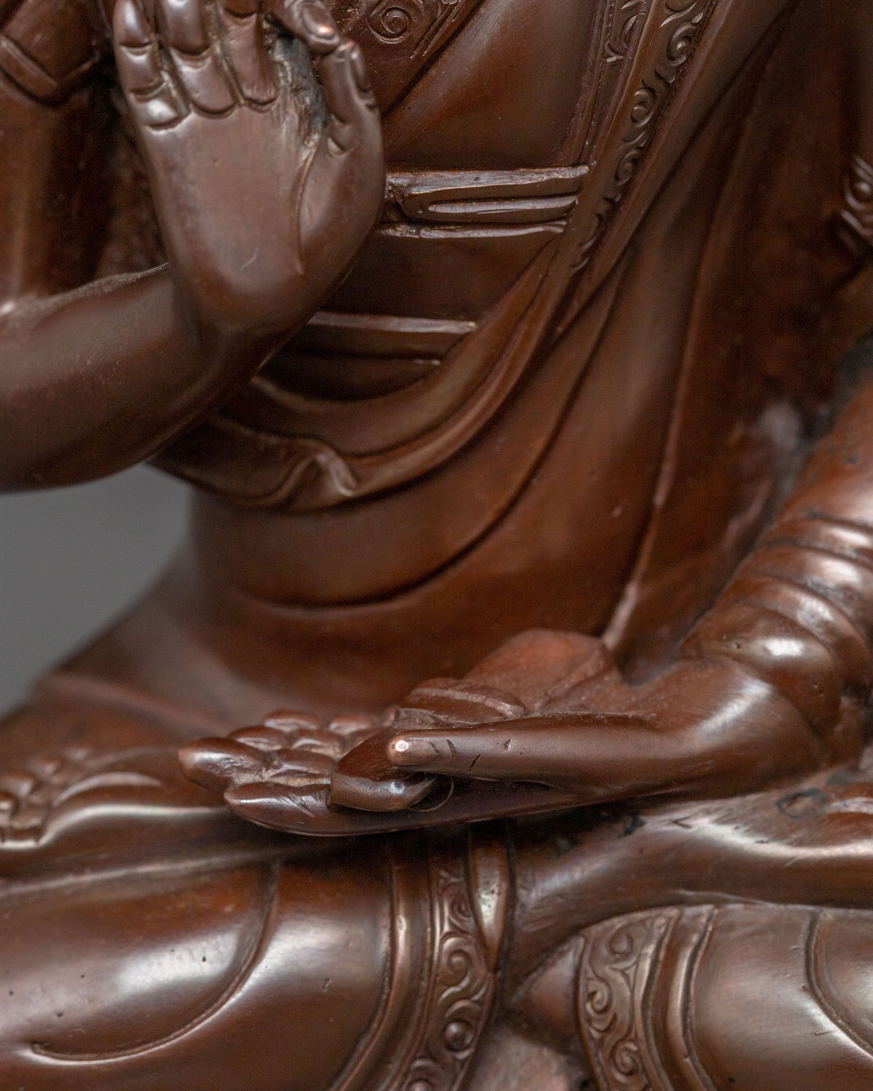 Tsongkhapa Copper Statue with Disciples: Oxidized Finish