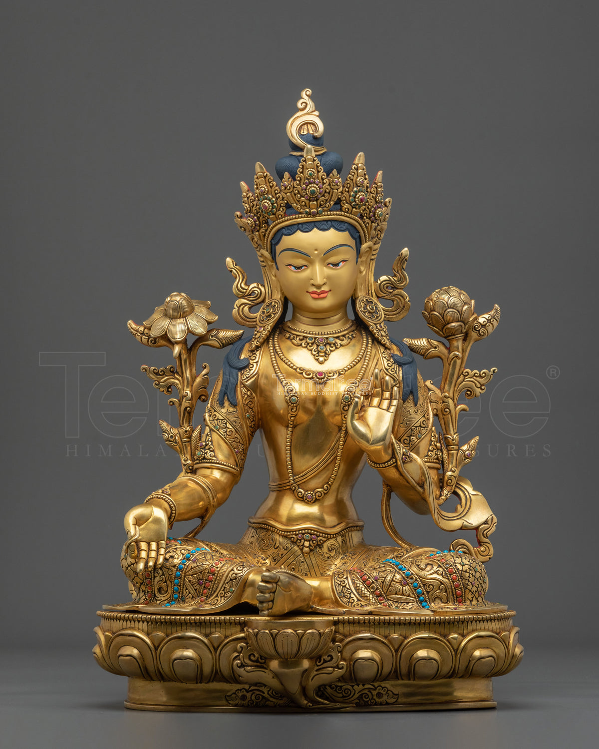 Tibetan Protector Figurine Green Tara in 24K Gold Gilded Copper