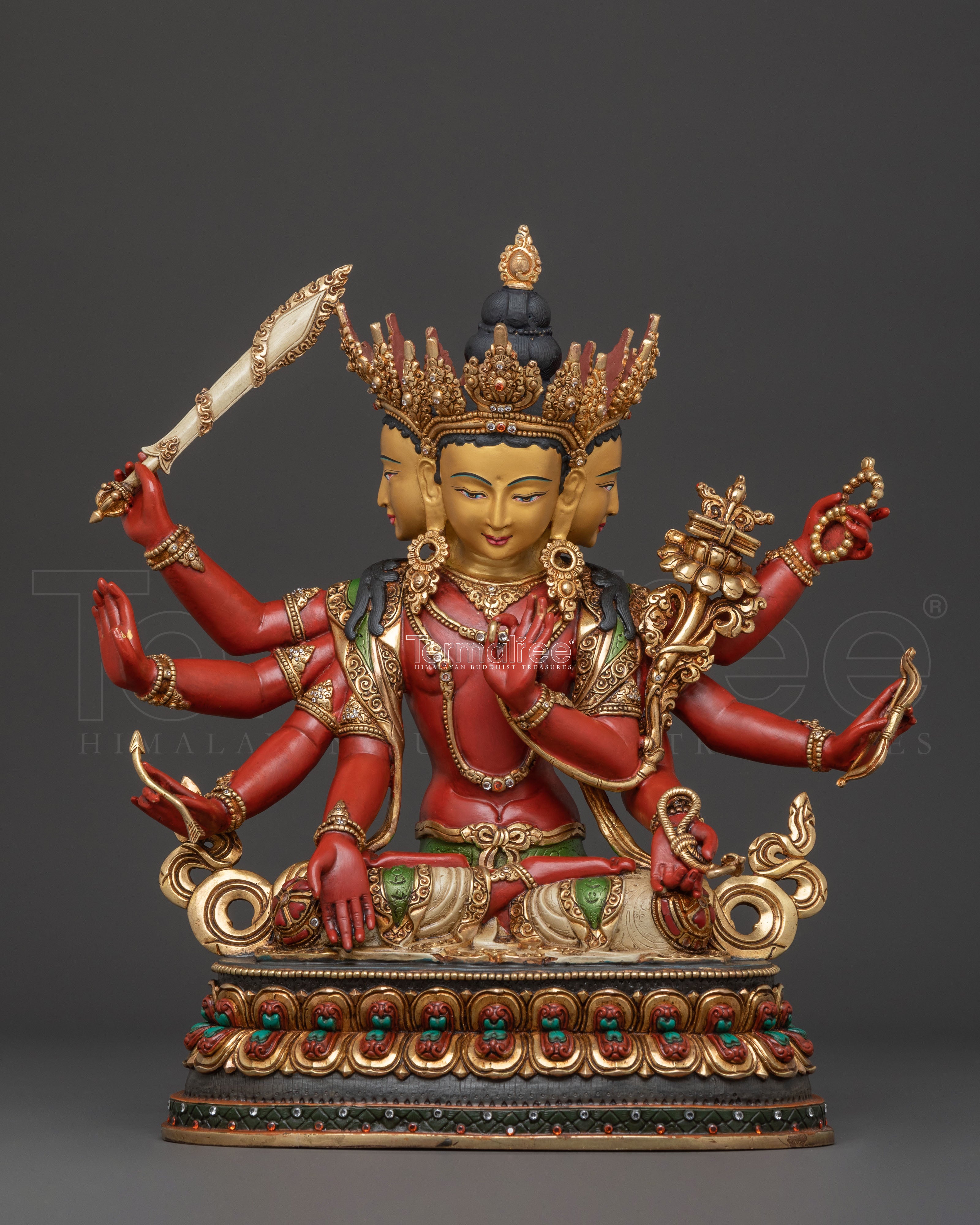 Mahamanjushree Statue with Three Faces and Eight Hands