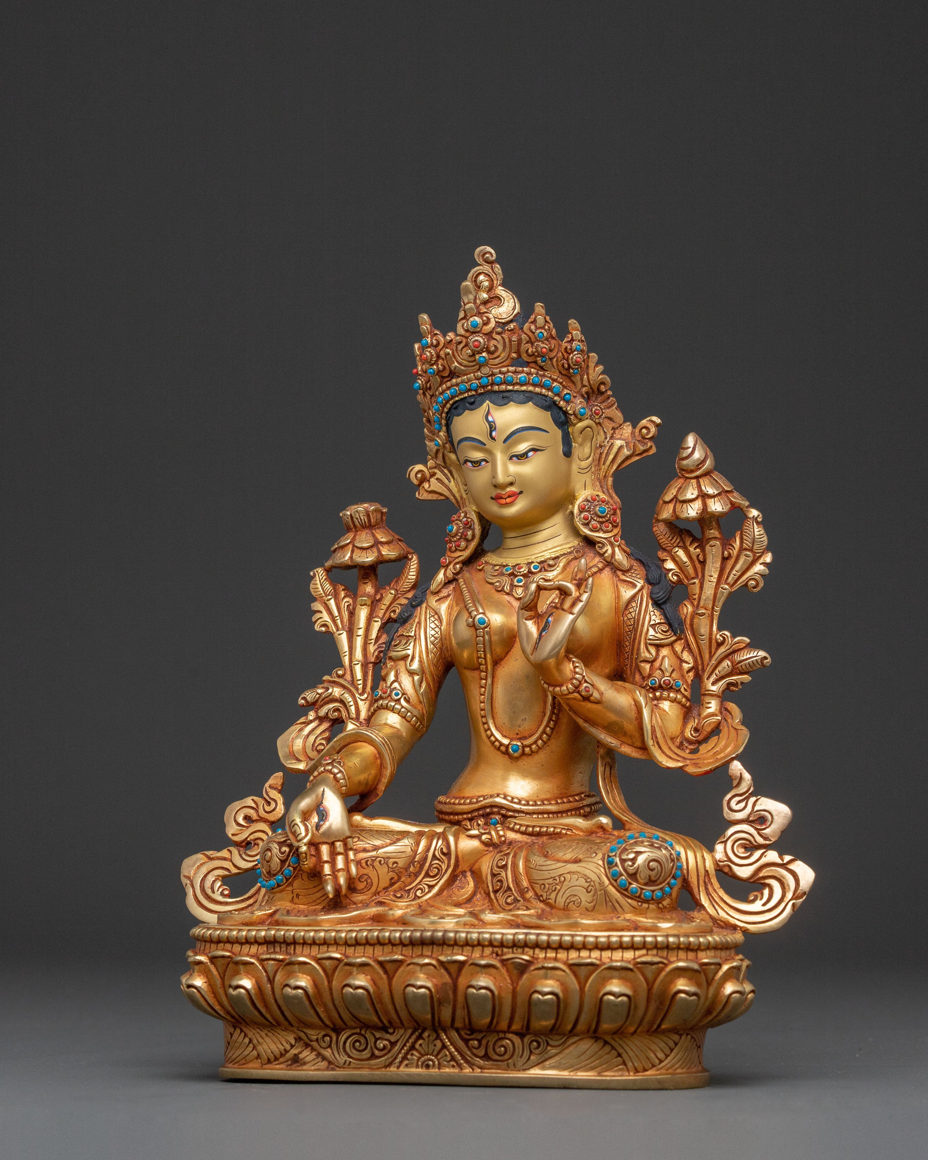 White Tara Copper Handcrafted Statue | Serene Gilded Art