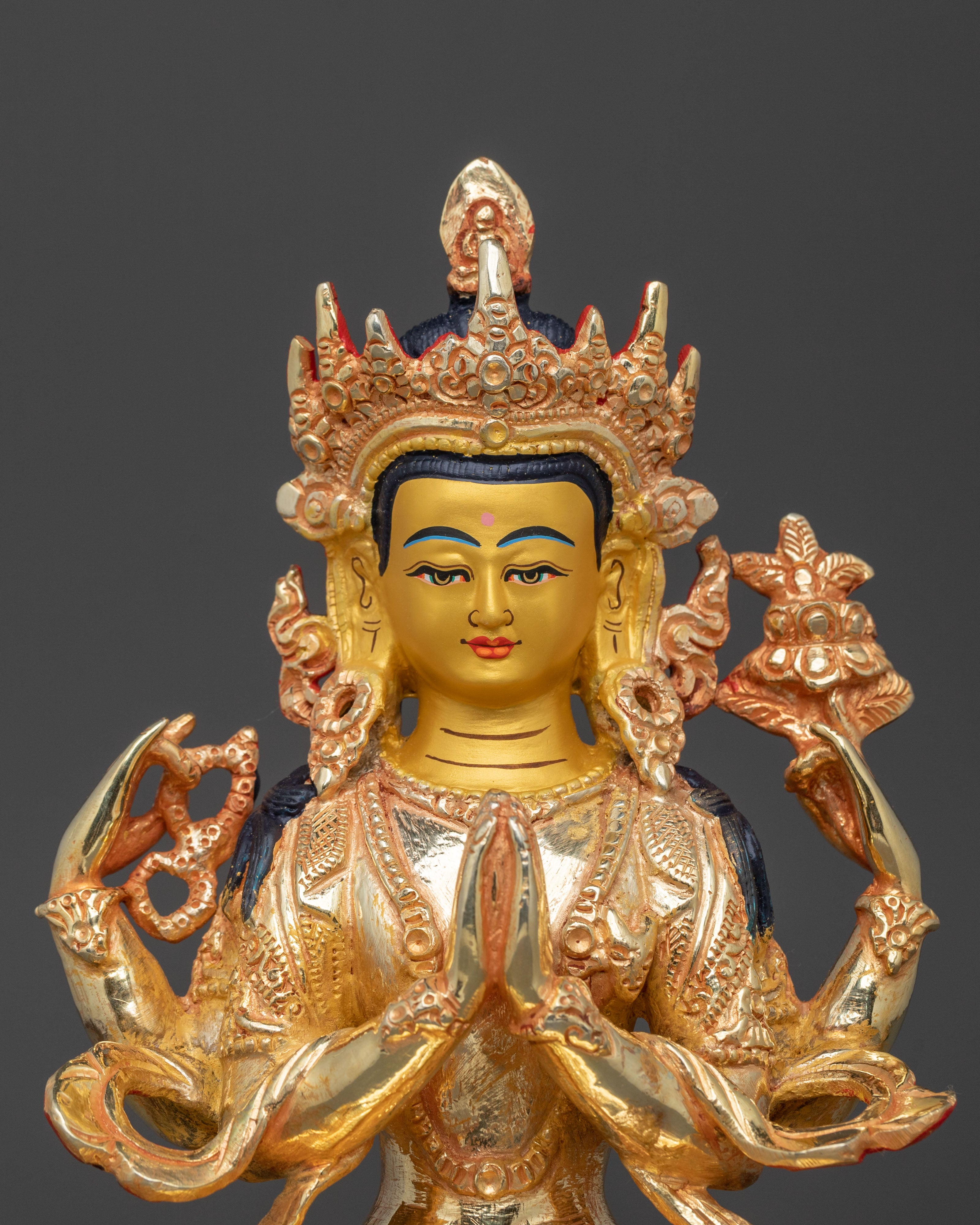 Hand Carved Chenrezig Copper Statue with 24K Gold Gilding