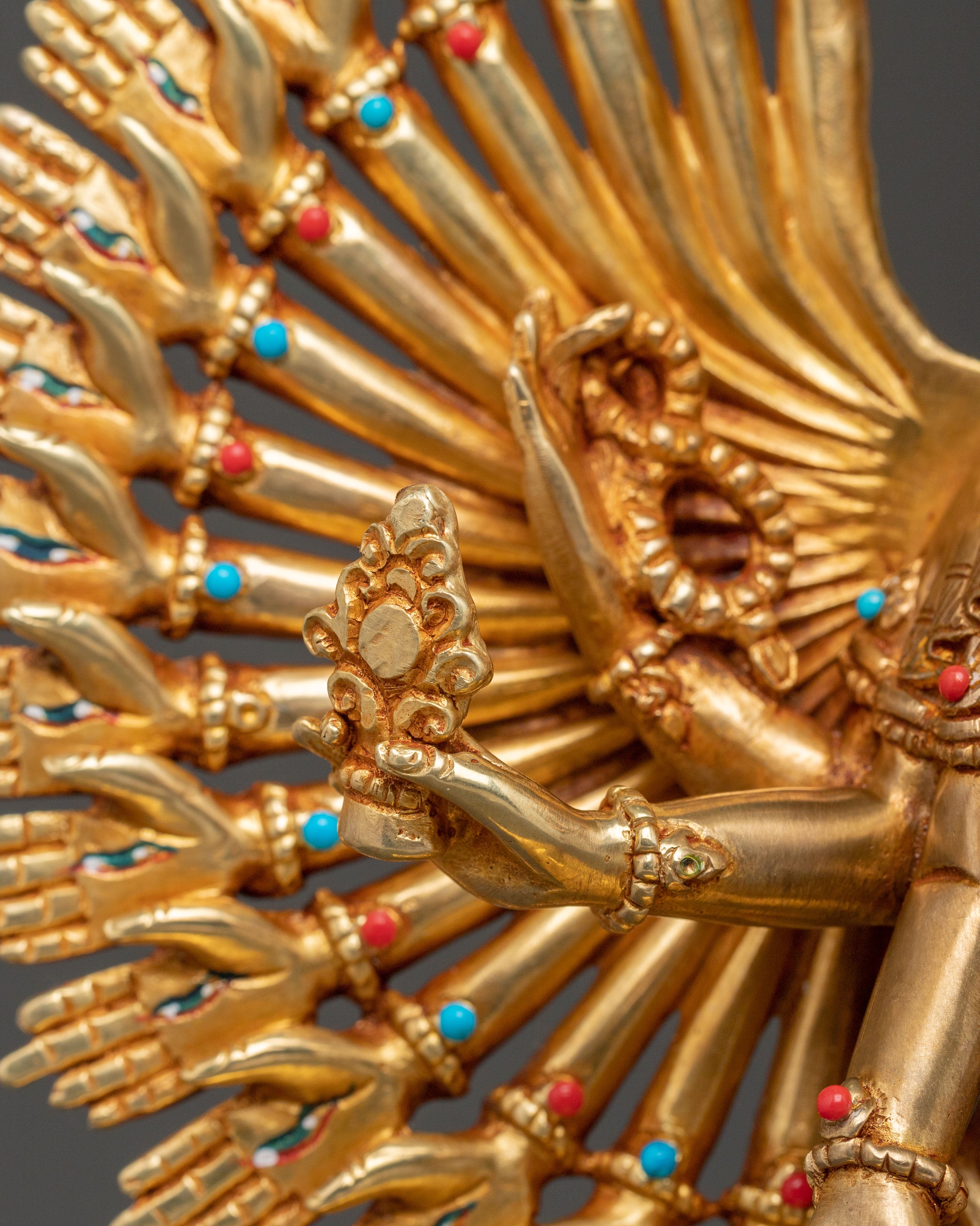 1000 Armed Chenrezig Statue | 24k Gold Glided with Gemstone Inlay