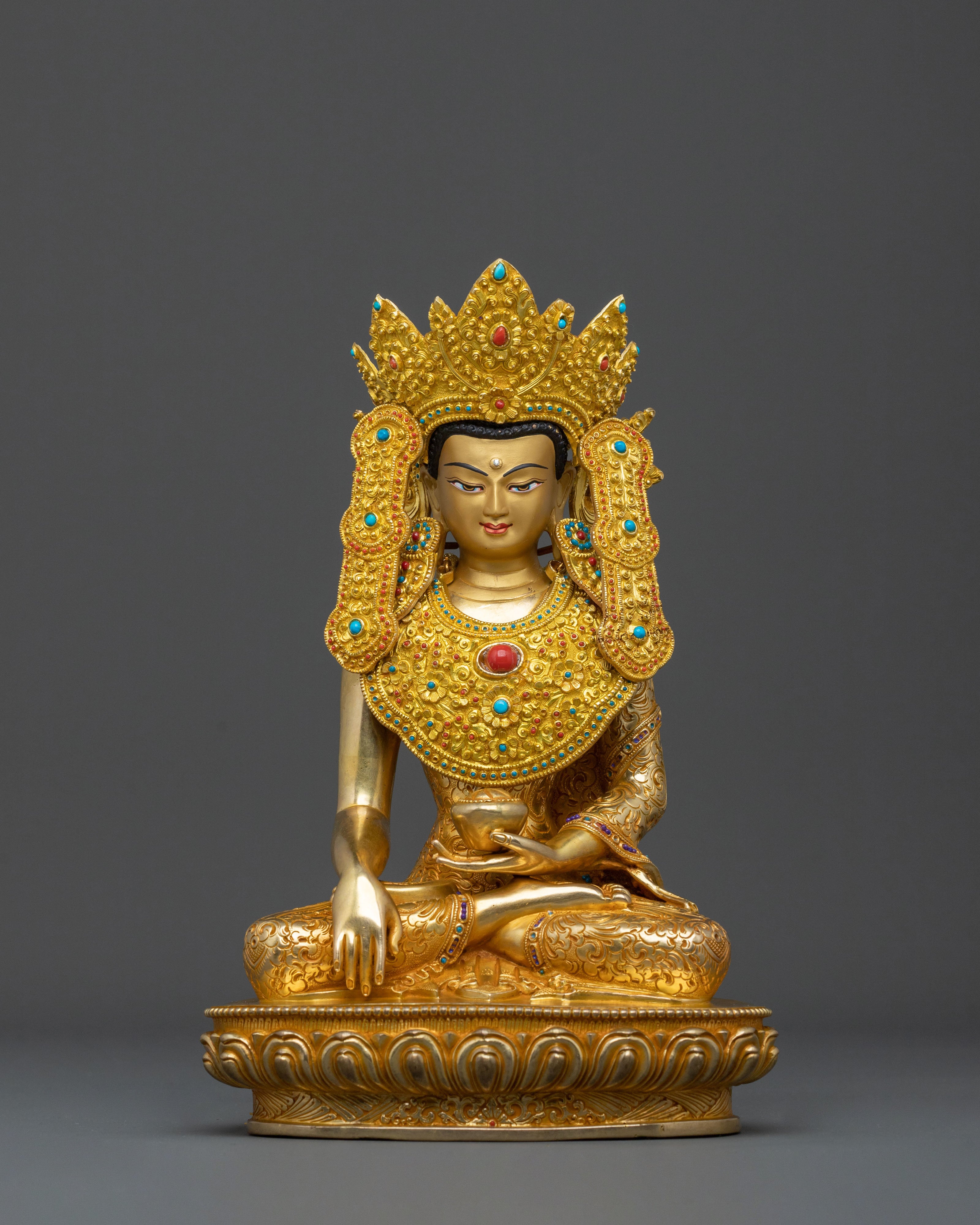 Handcrafted Crown Shakyamuni Buddha Spiritual Sculpture in 24K Gold