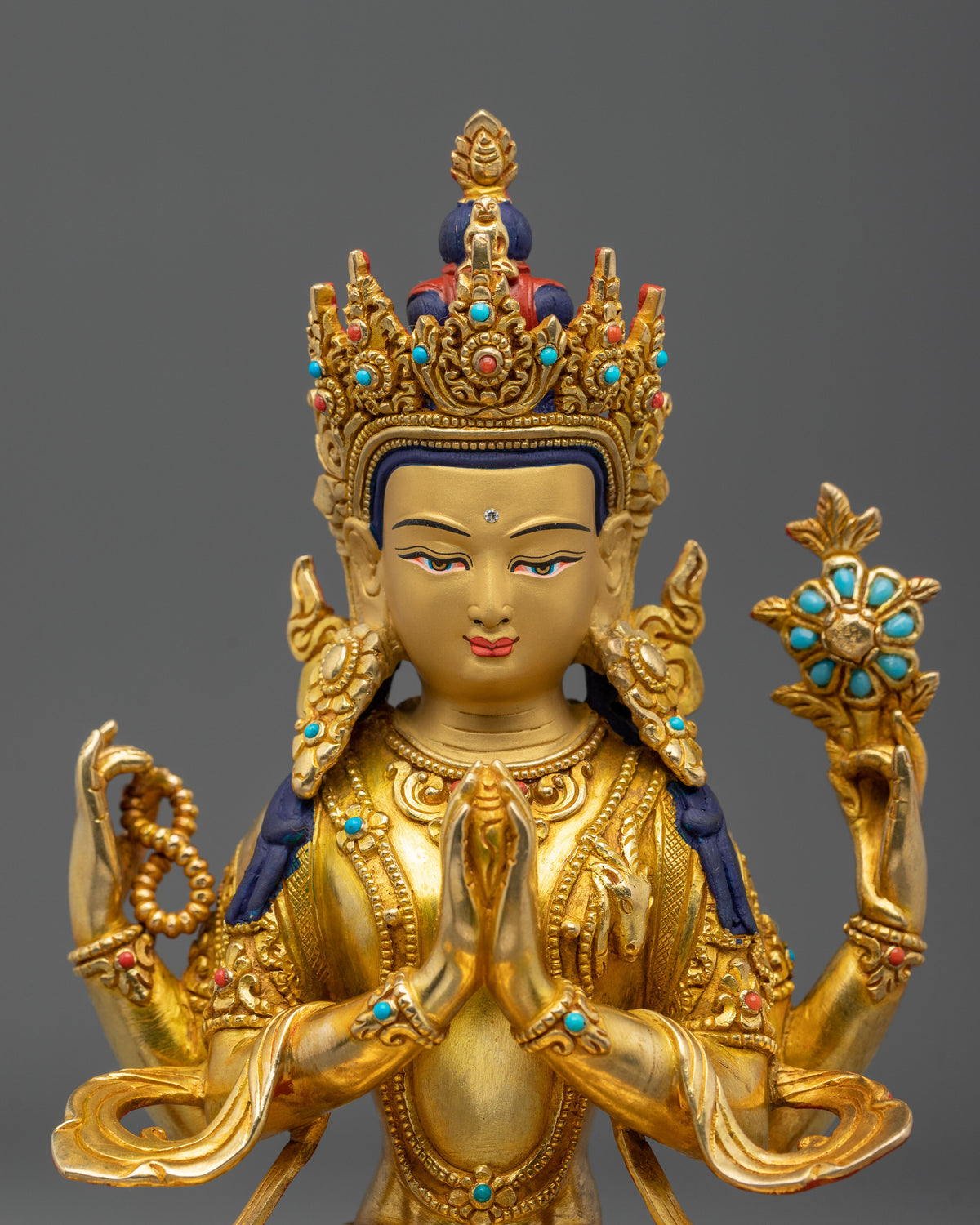 Hand Carved Four Armed Chenrezig Spiritual Sculpture