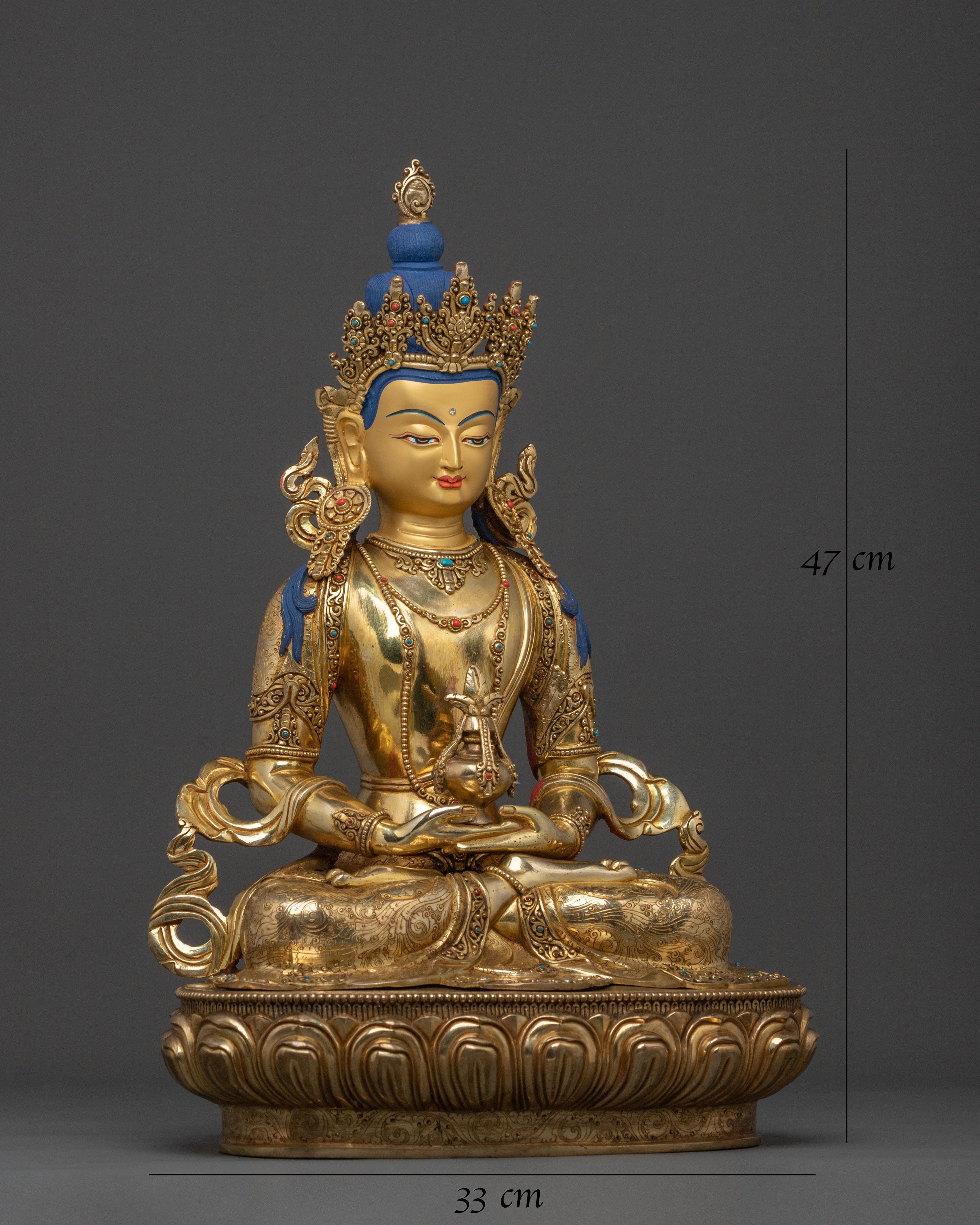 Tibetan Amitayus Traditional Sculpture in 24K Gold