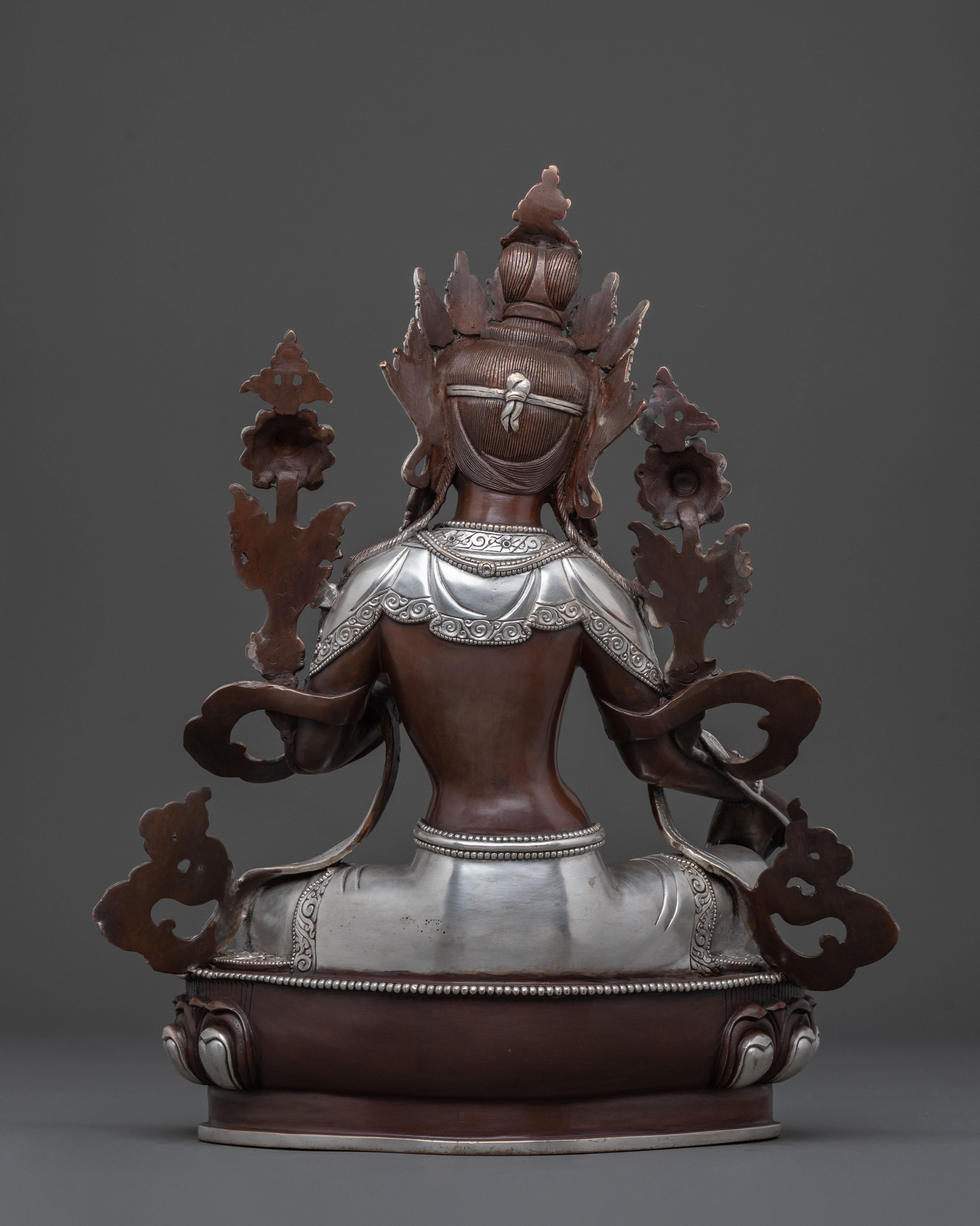 Green Tara: Oxidized Copper Statue with Silver Plated
