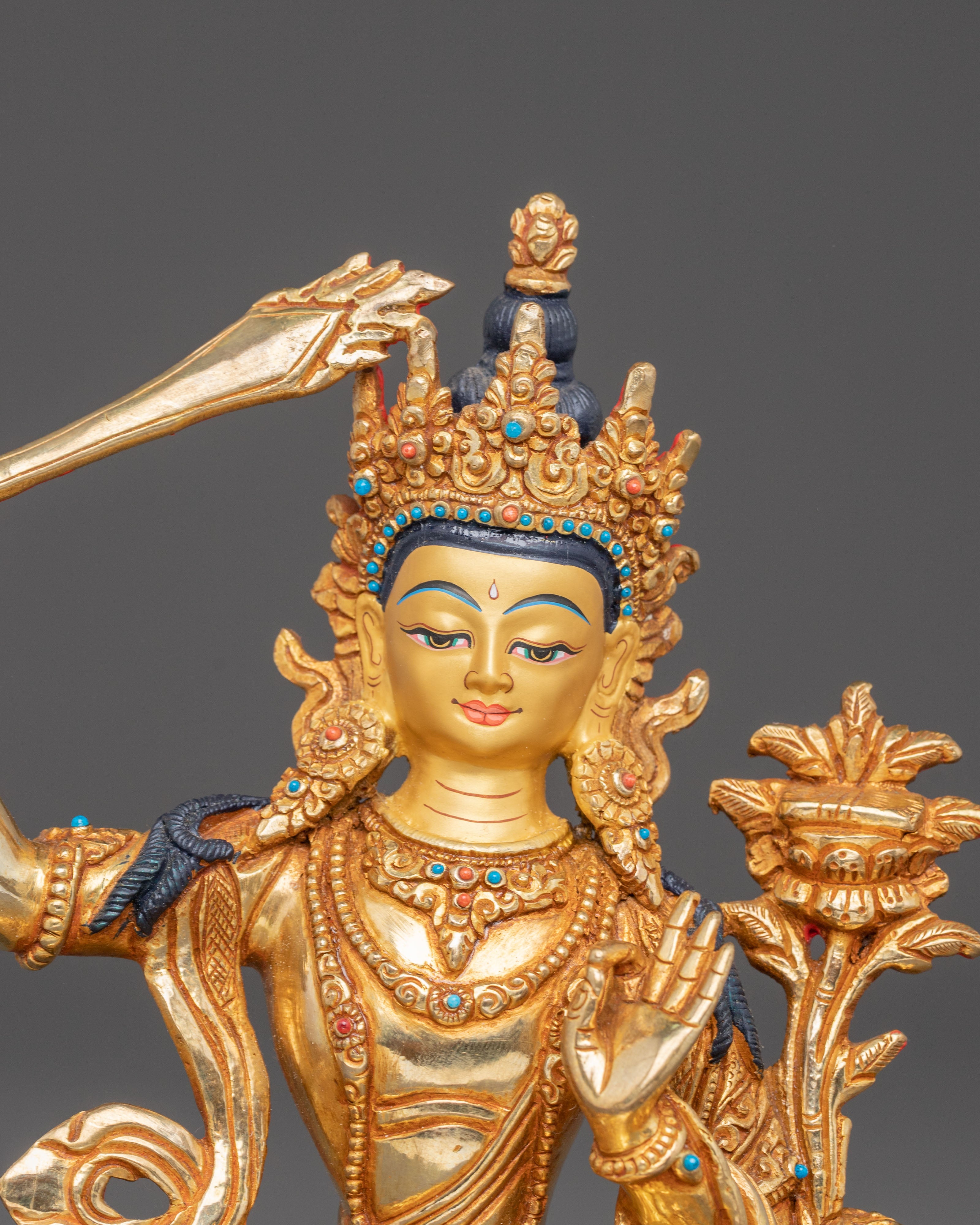 Manjushri Handmade Golden Statue | Tibetan Deity of Wisdom
