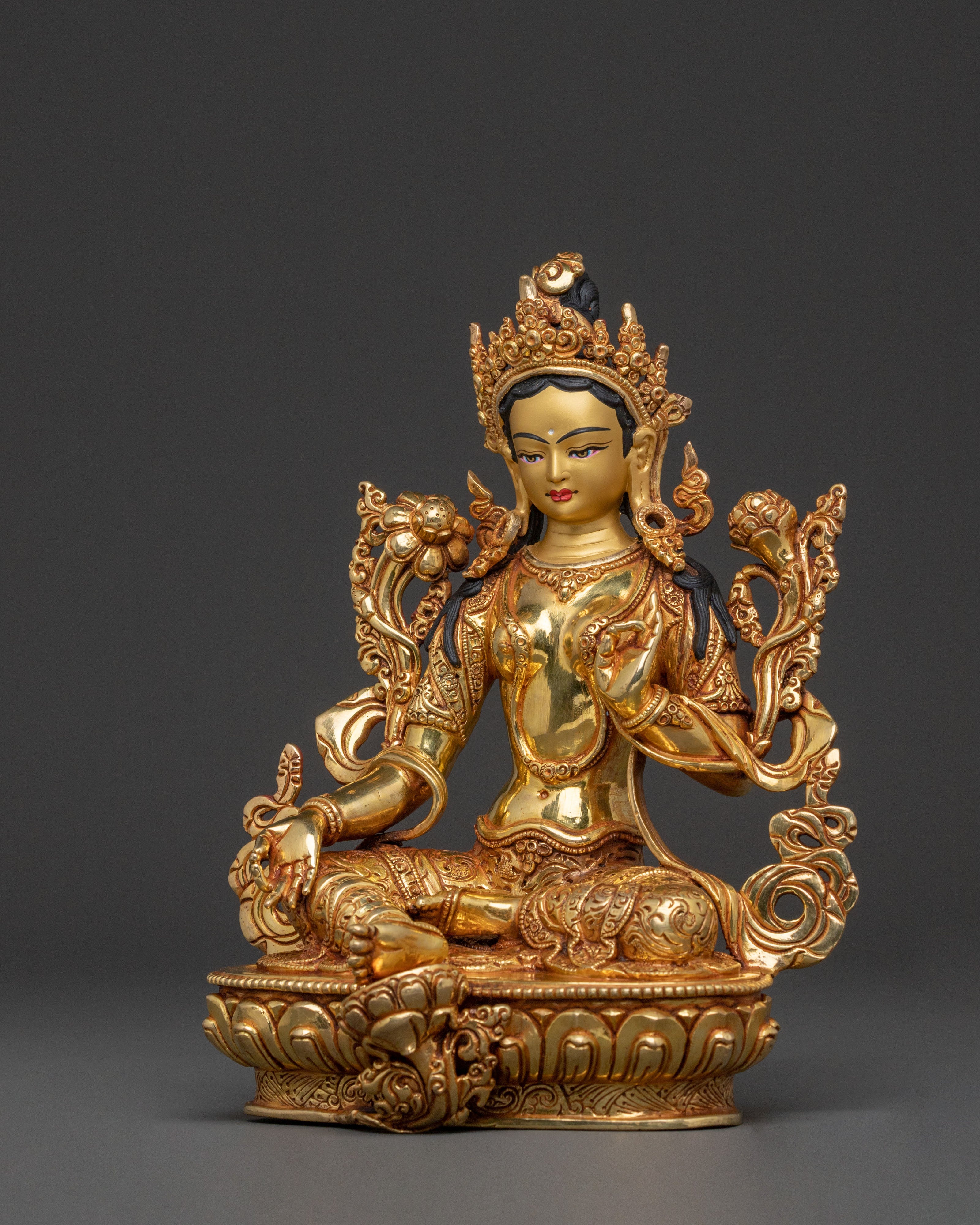 Green Tara Fearless Guardian Statue - 24K Gold Gilded