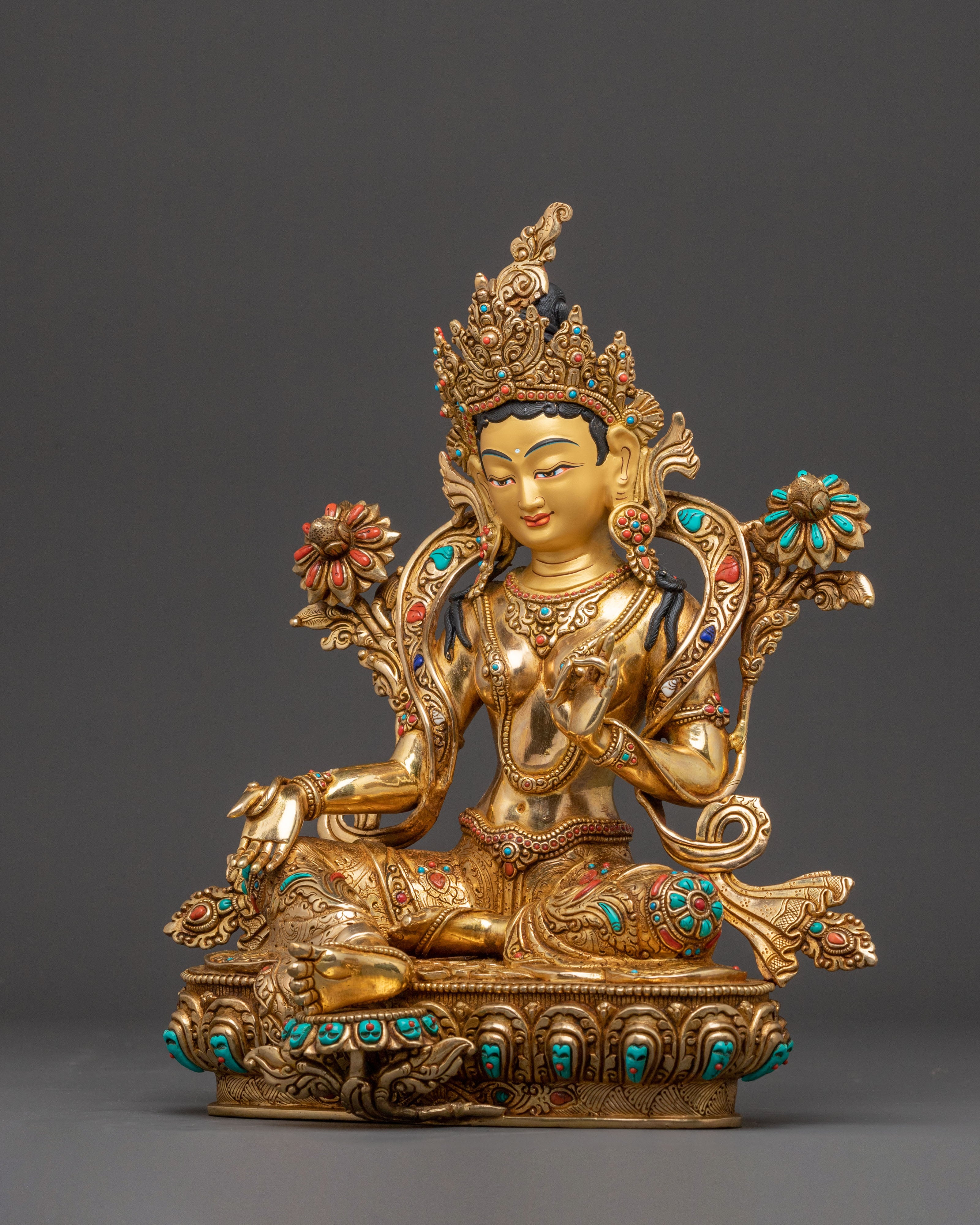Green Tara Spiritual Blessing Statue | 24K Gold Gilded Art