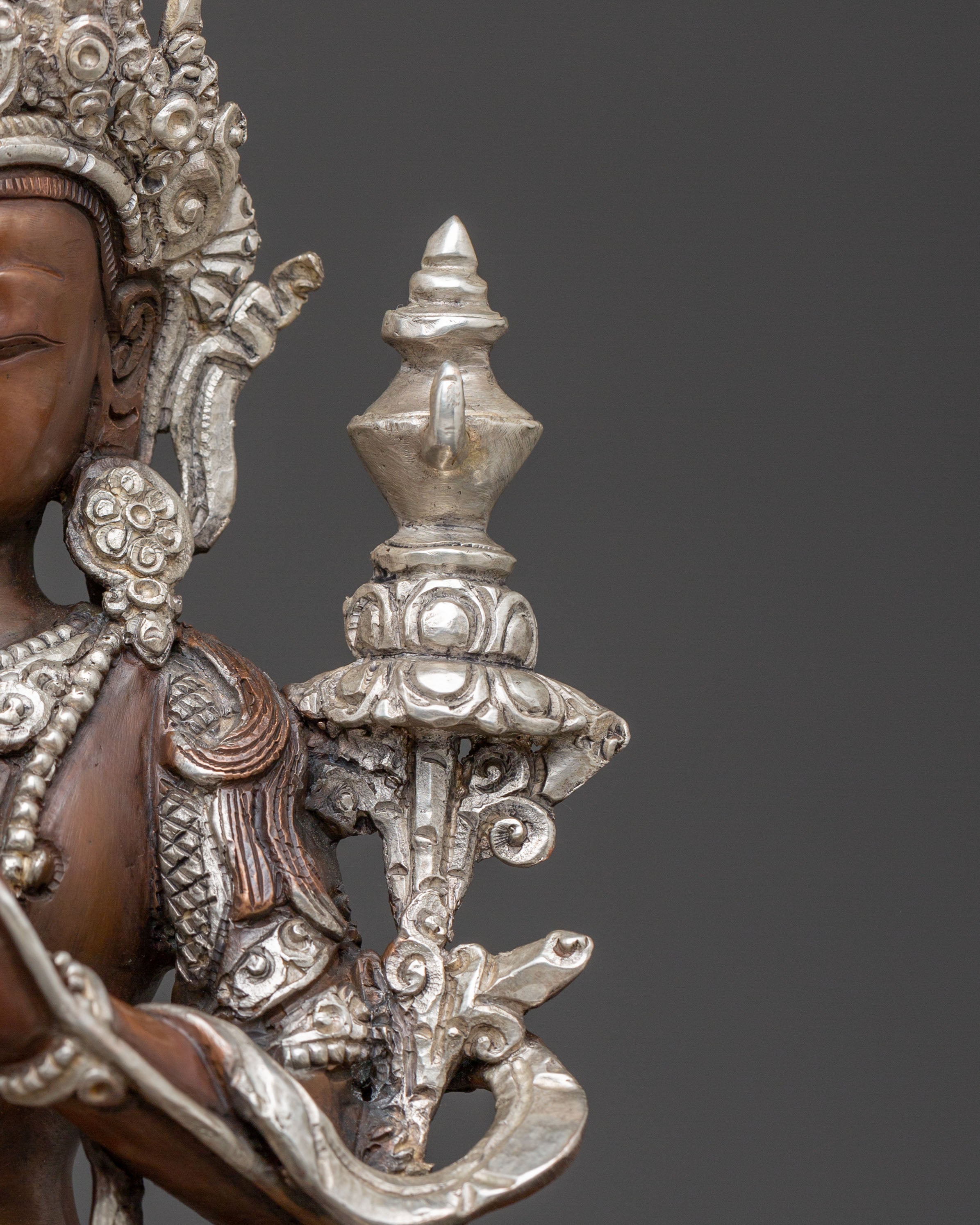 Sacred Maitreya Buddha Copper Statue – Tranquil Silver Finish