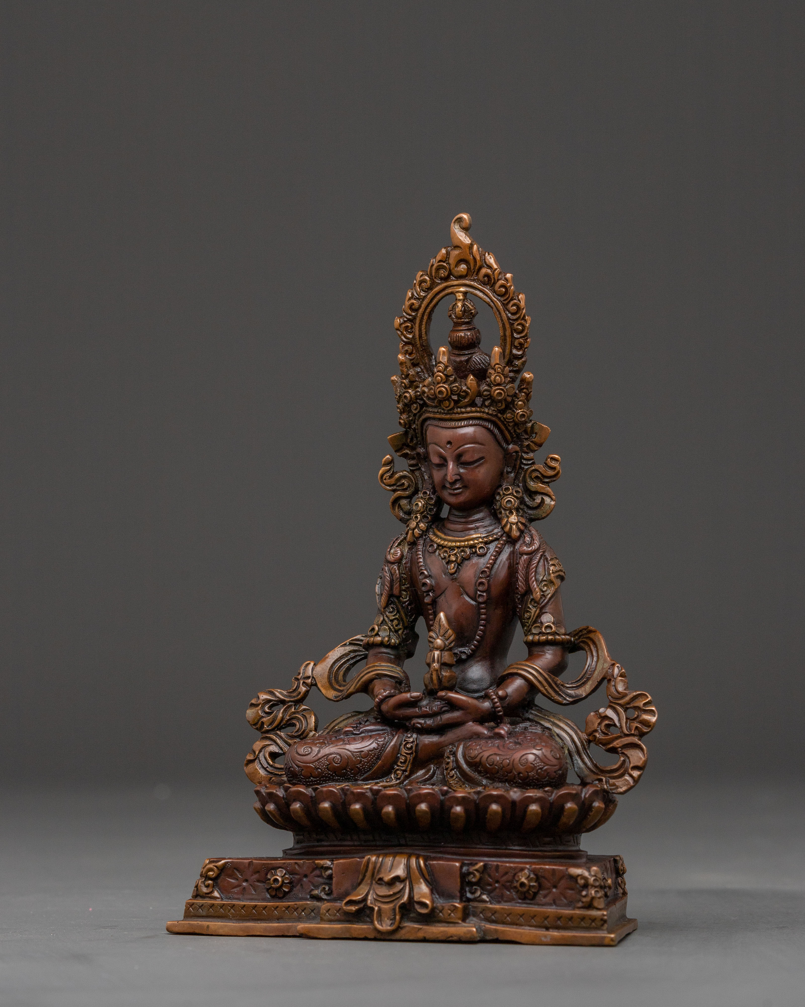 Amitayus Peaceful Longevity Statue - Oxidized Copper