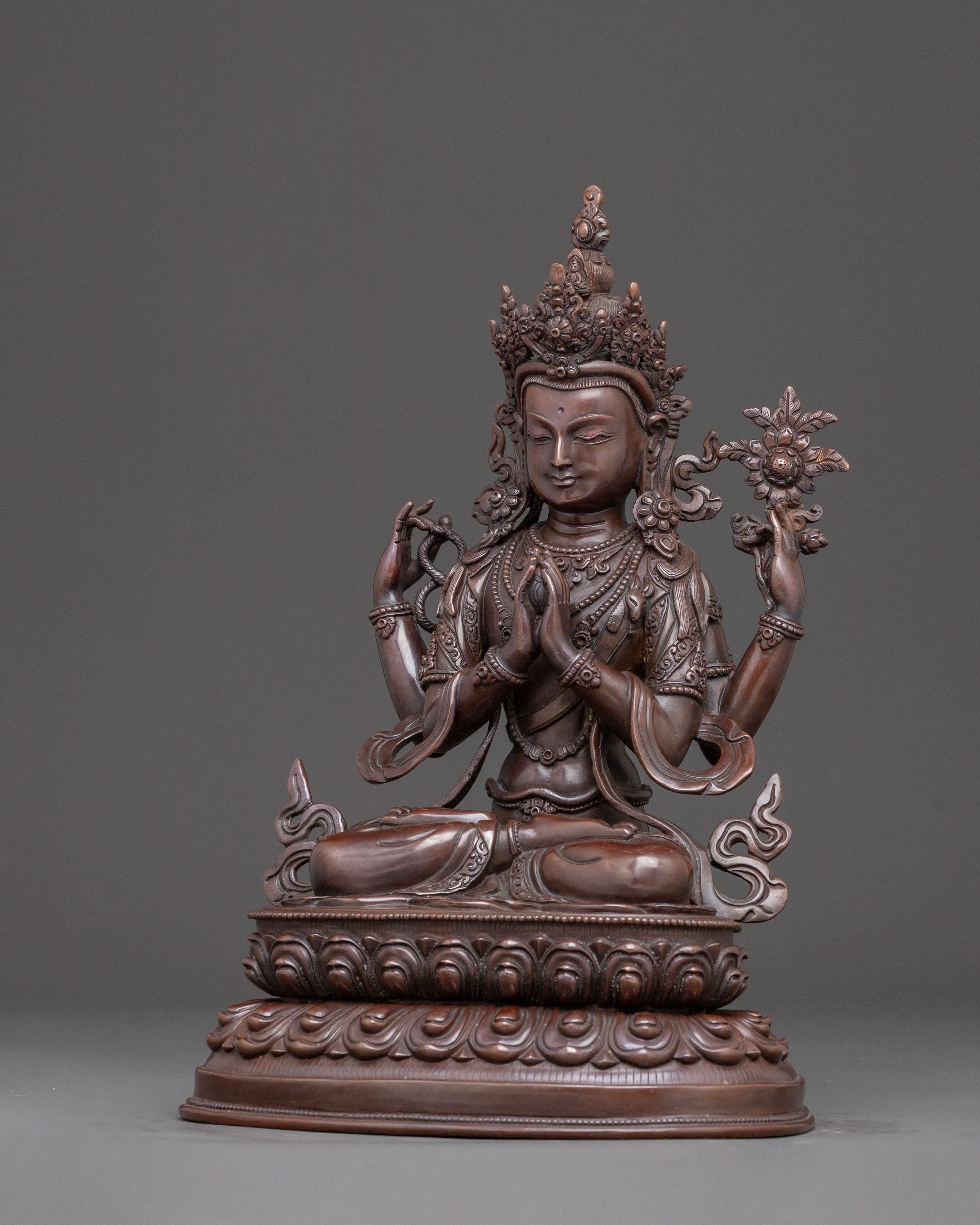 Handcrafted Oxidized Copper Chenrezig Bodhisattva Statue | Compassion Deity