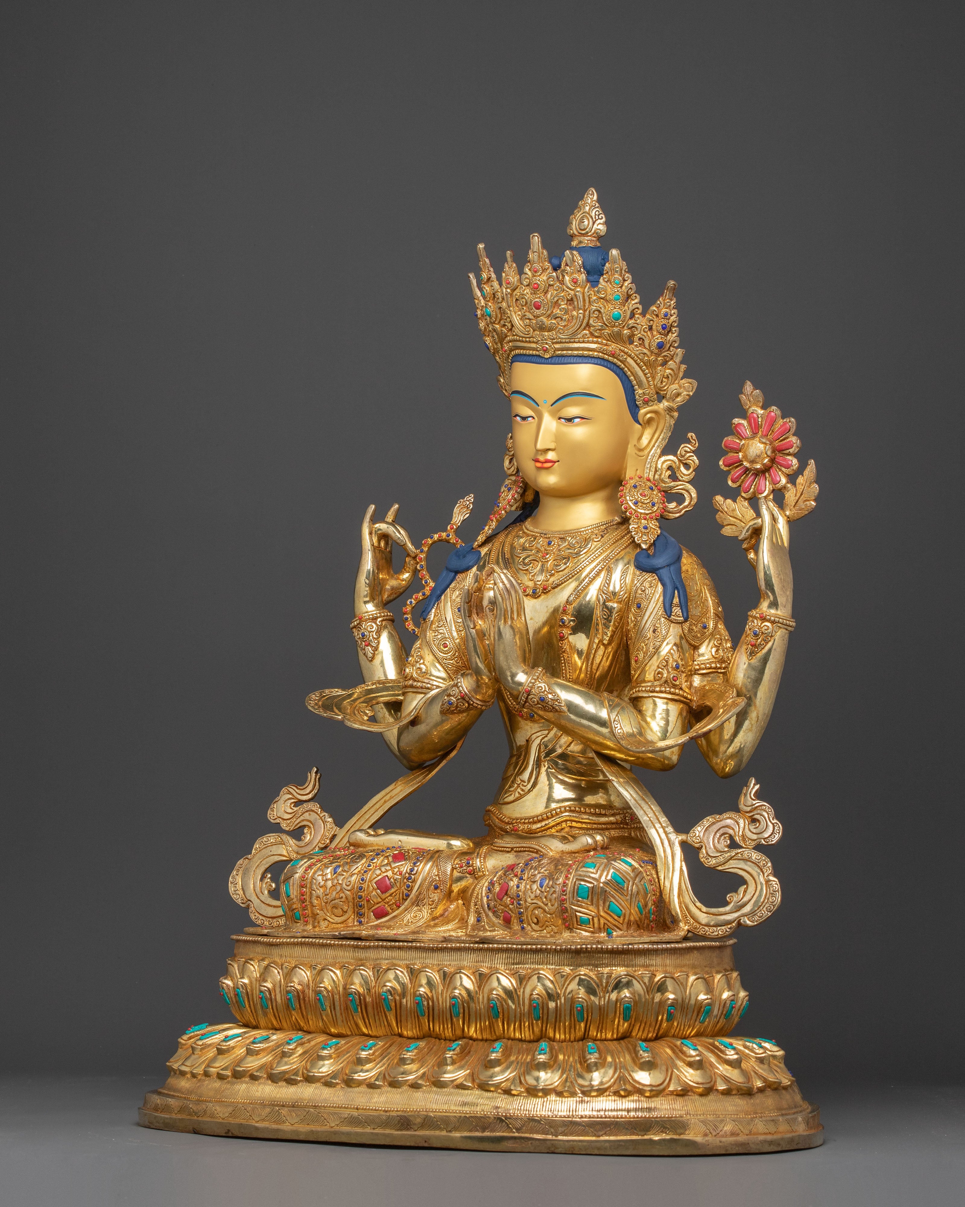 Handmade Golden Statue of Chenrezig: Bodhisattva of Compassion