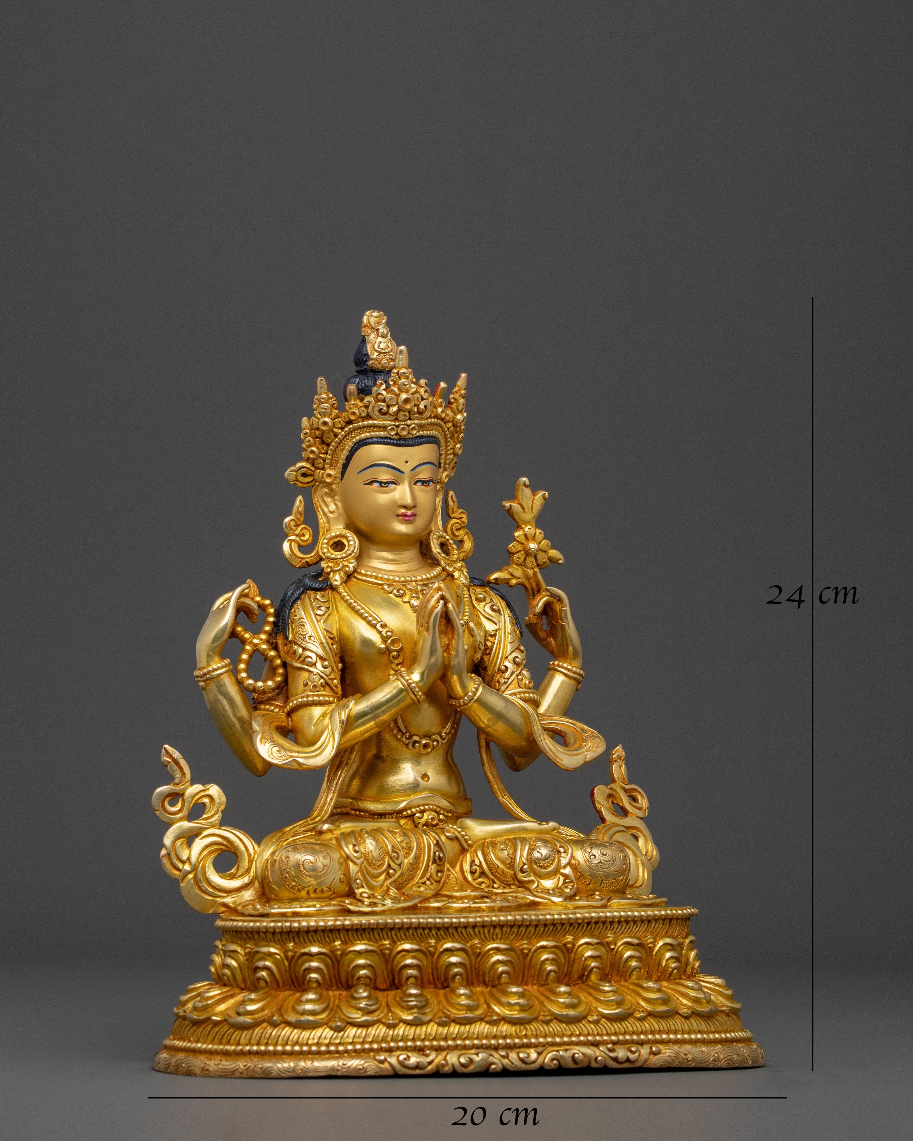 Sacred Chenrezig Four Armed Compassion Statue | 24K Gold Gilded