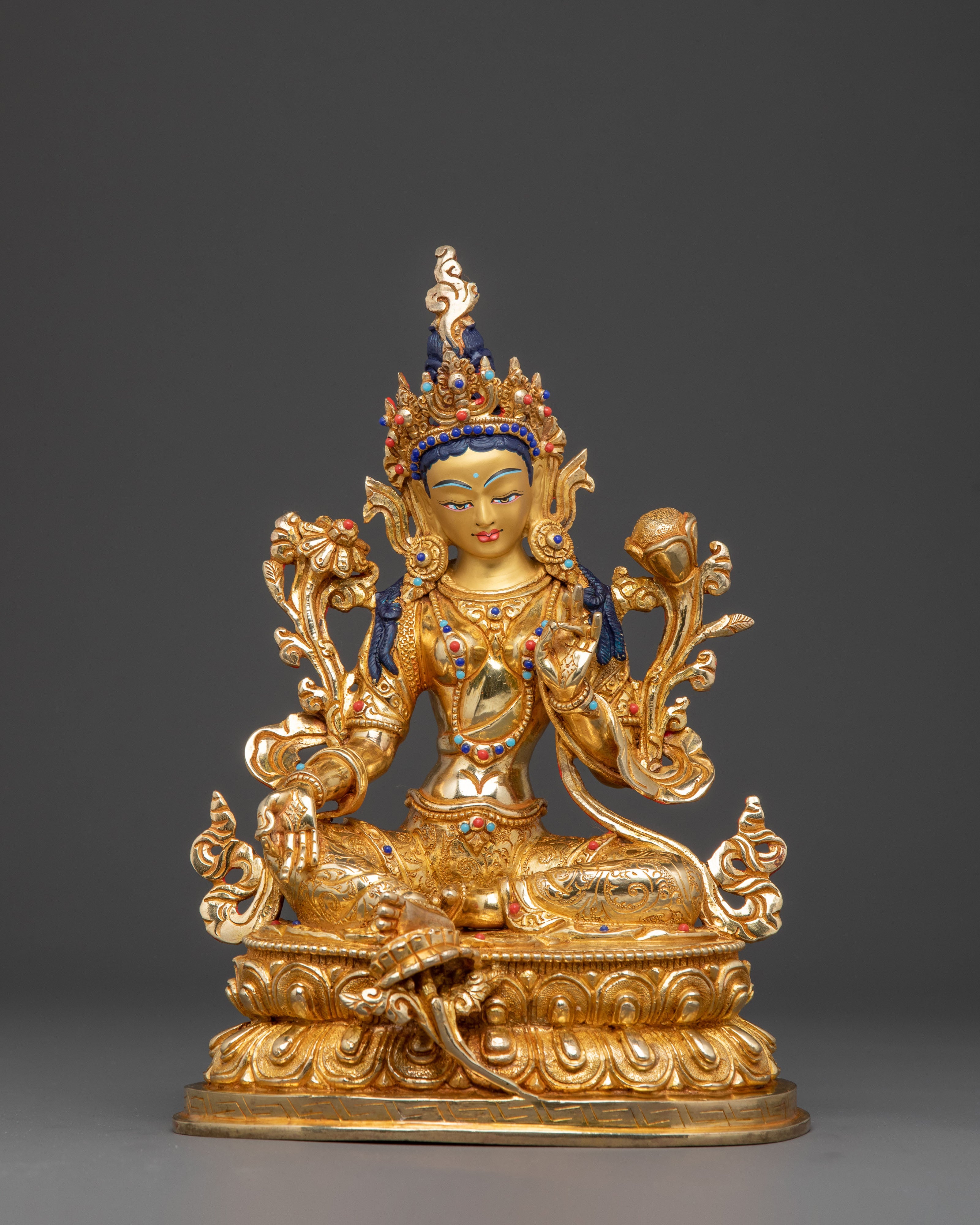 Handcrafted Grace Green Tara Statue - Gilded Copper