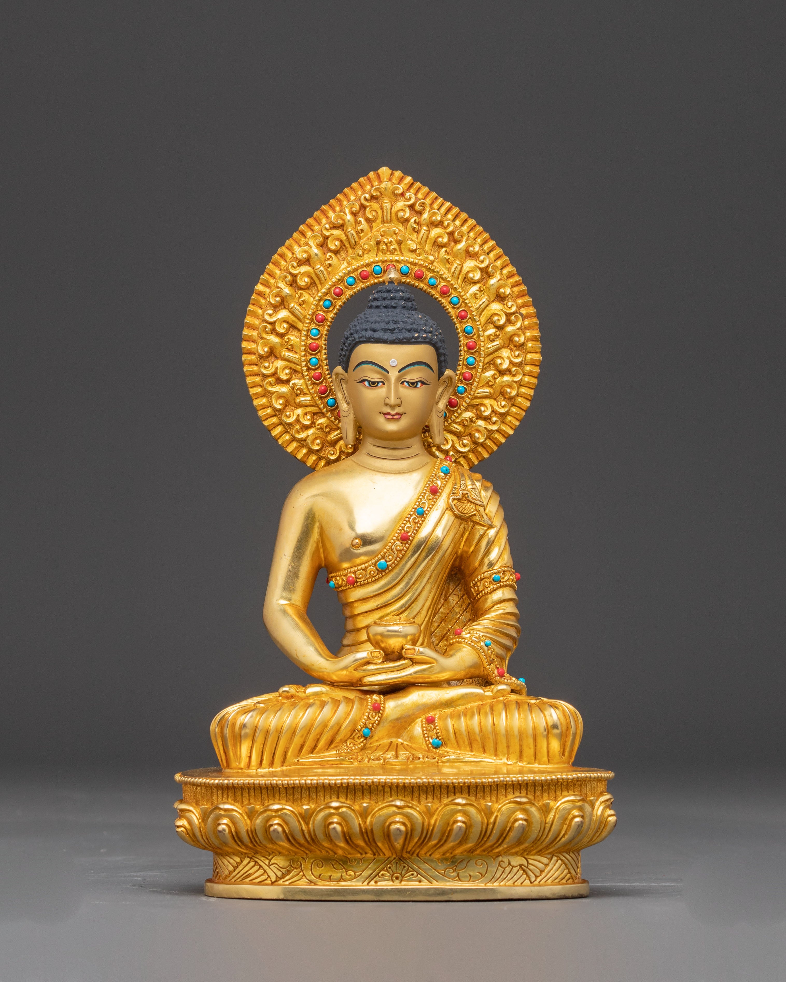 Himalayan Handmade Three Buddha Statue Set: 24K Gold Gilded