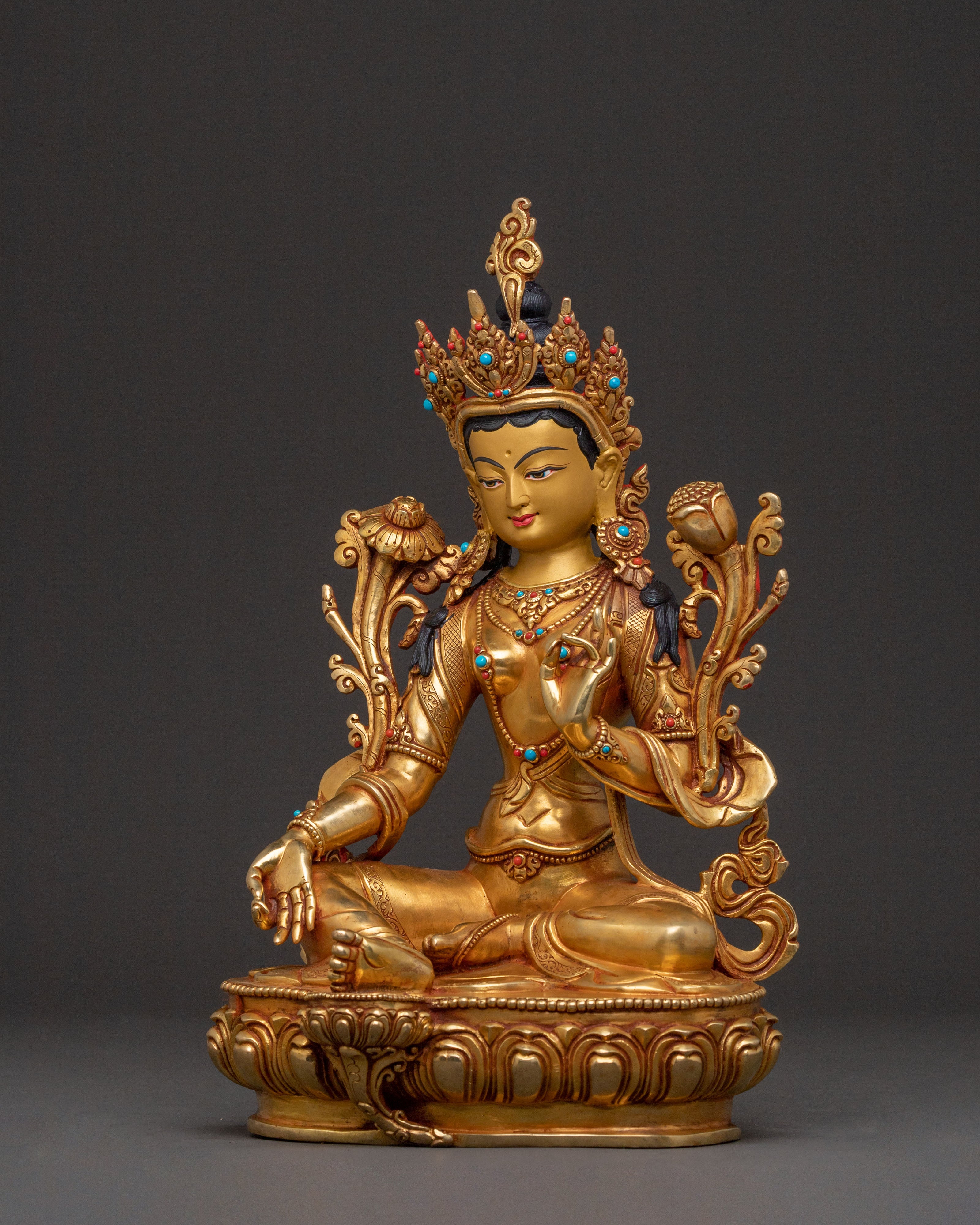 Green Tara Swift Protection Statue - Radiant Hand-Gilded Copper