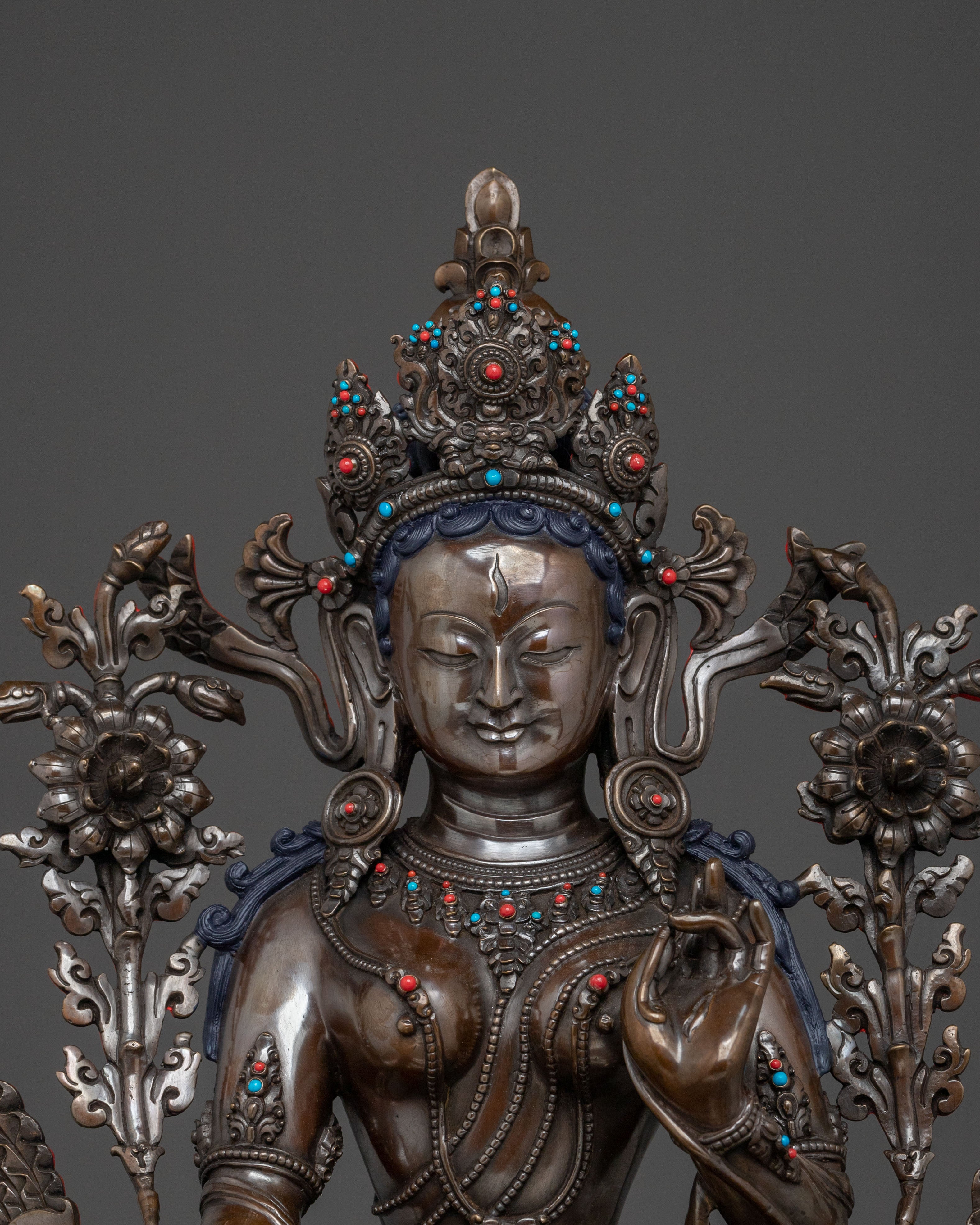 White Tara Statue: Oxidized Copper Goddess