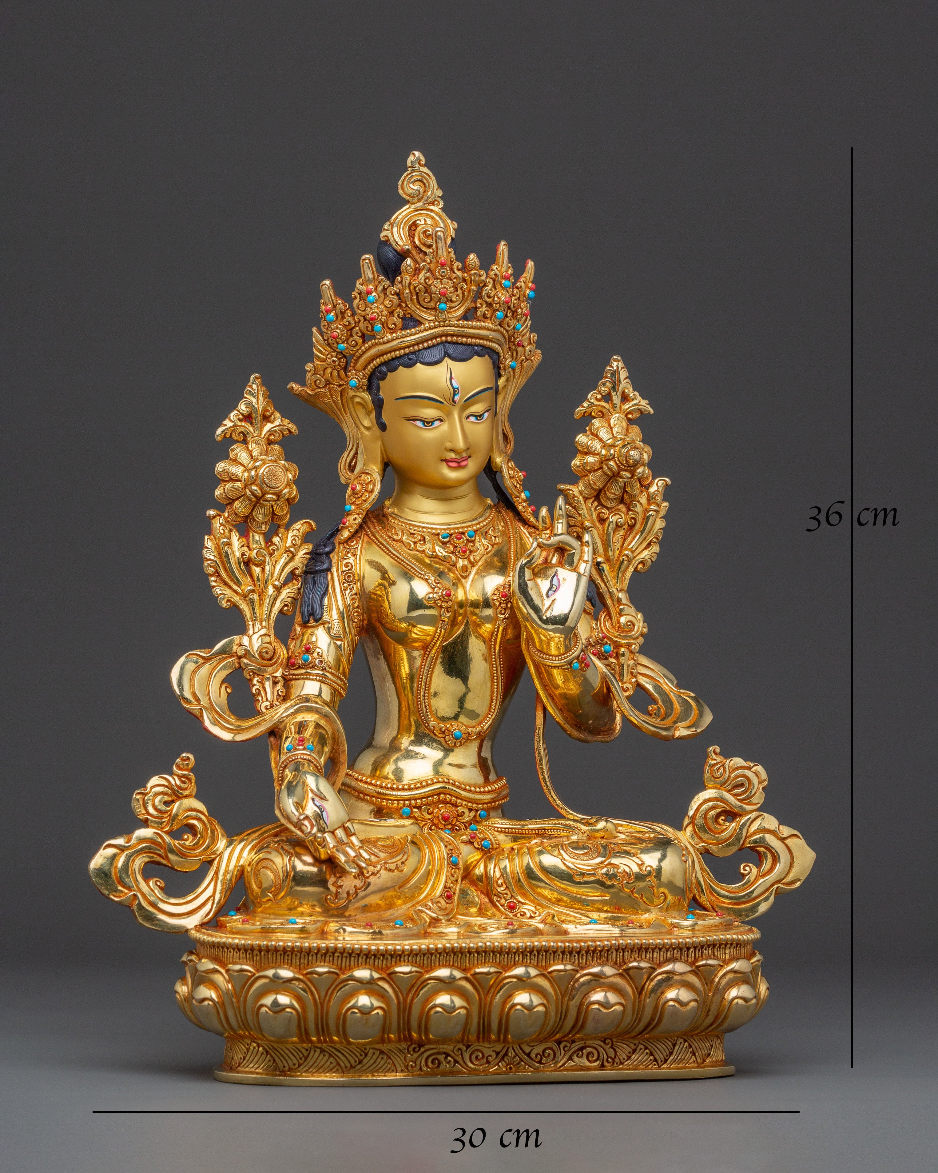 Handcrafted White Tara Spiritual Statue: 24K Gold Gilded Masterpiece