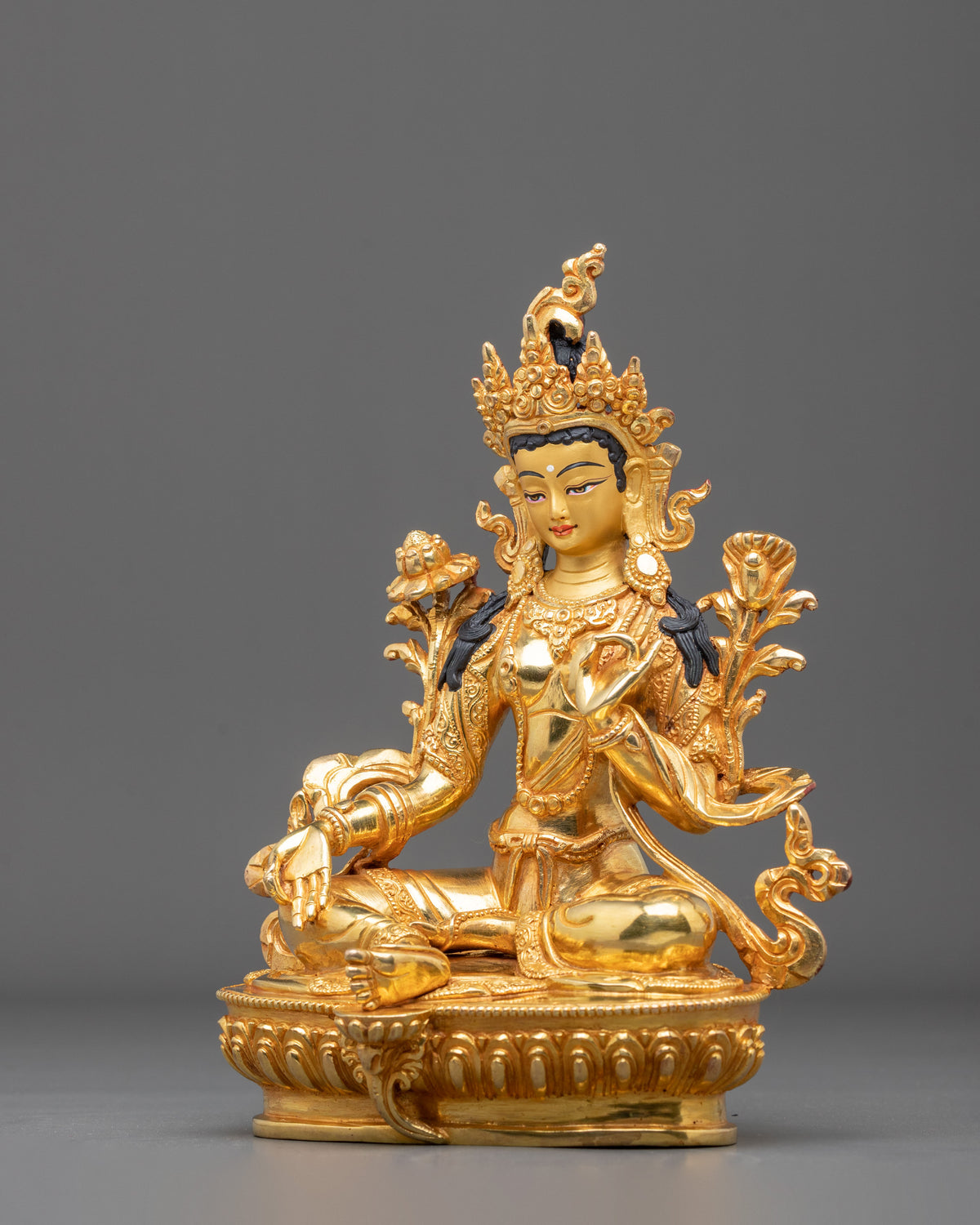 Buddhist Green Tara Meditation Statue in 24K Gold Gilded Copper