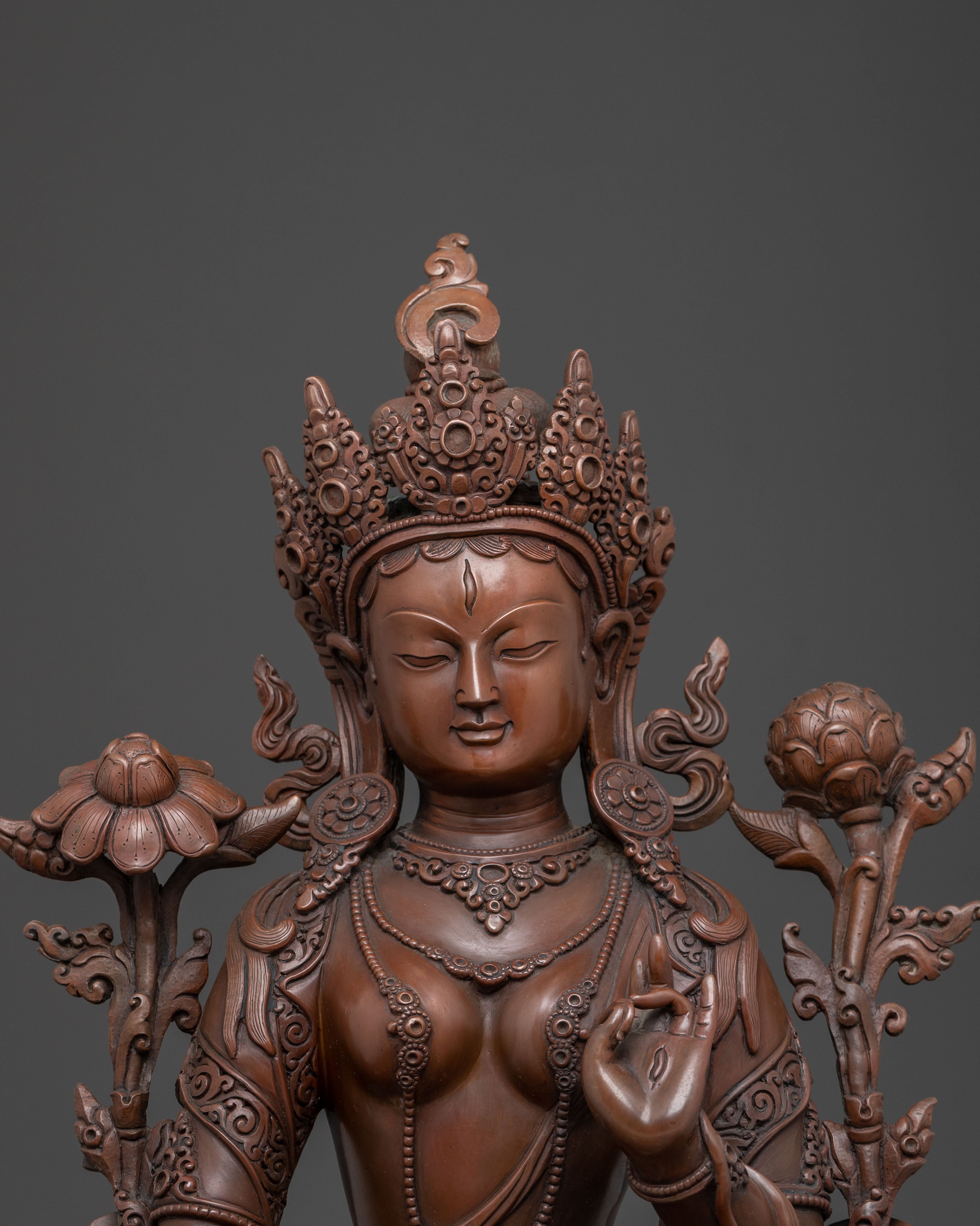 Handcrafted Copper Statue of White Tara: Serene Oxidized Finish