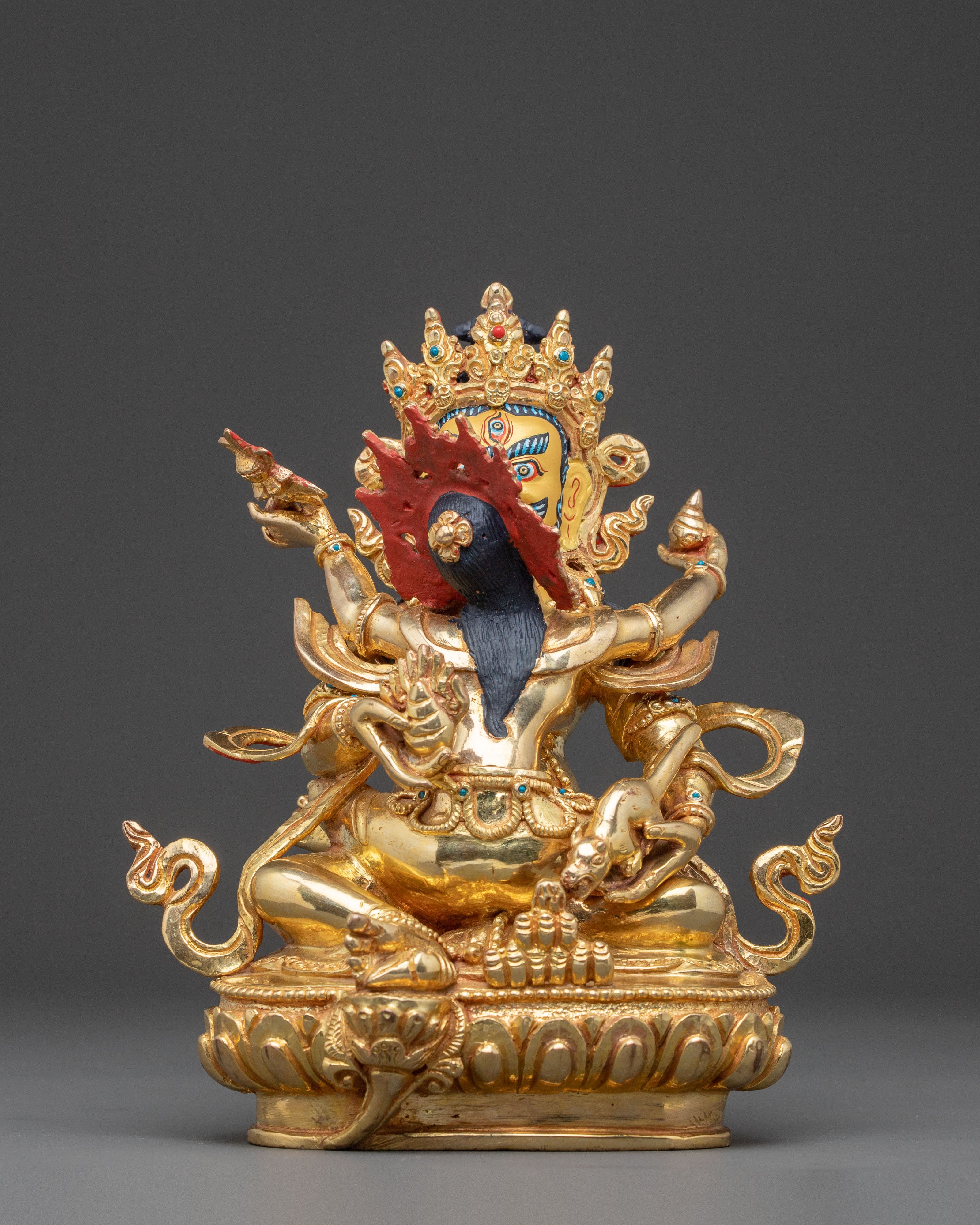 Handcrafted Statue of Red Dzambhala: Tibetan Wealth Deity,