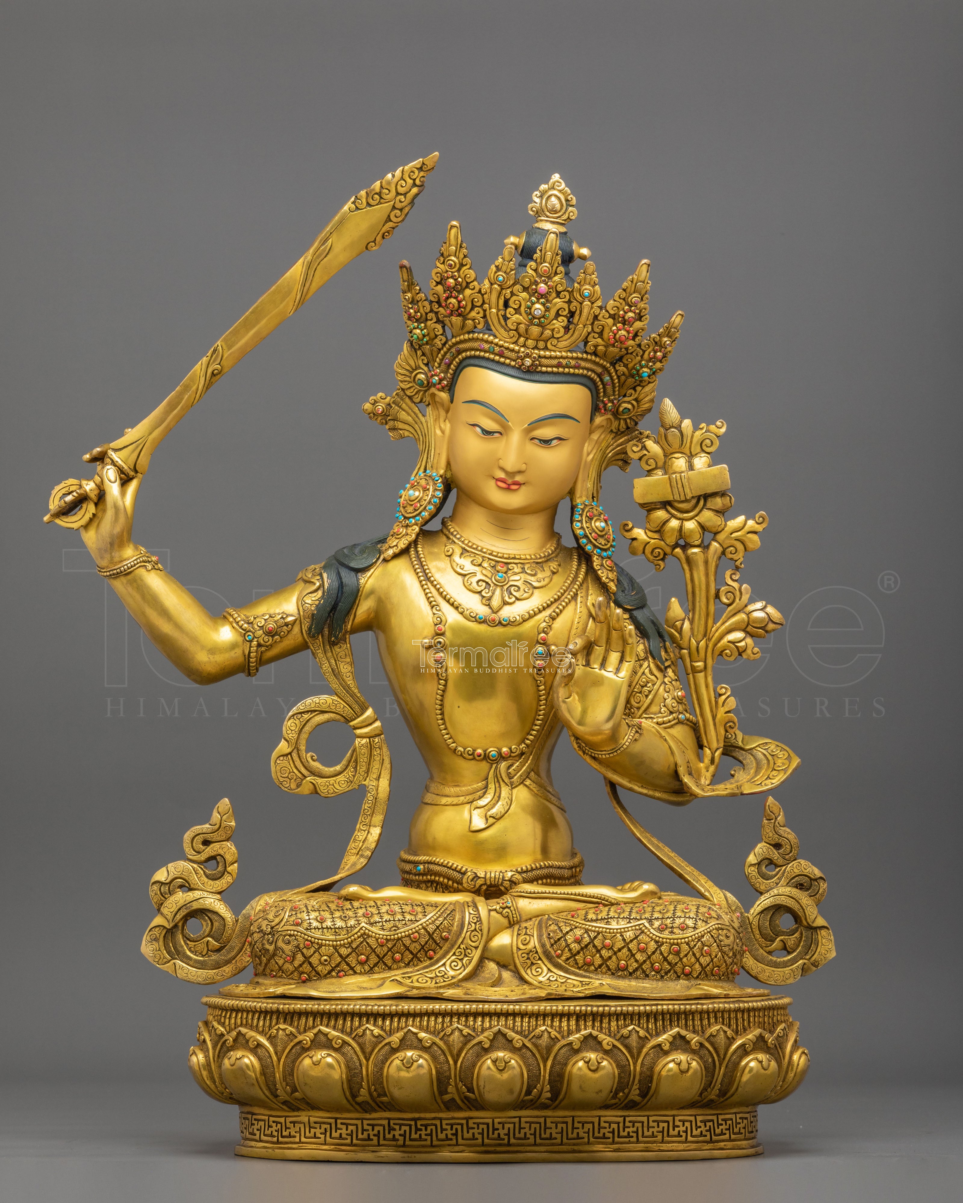 Manjughoṣa Sculpture of Wisdom | 24K Gold Gilded Copper Statue