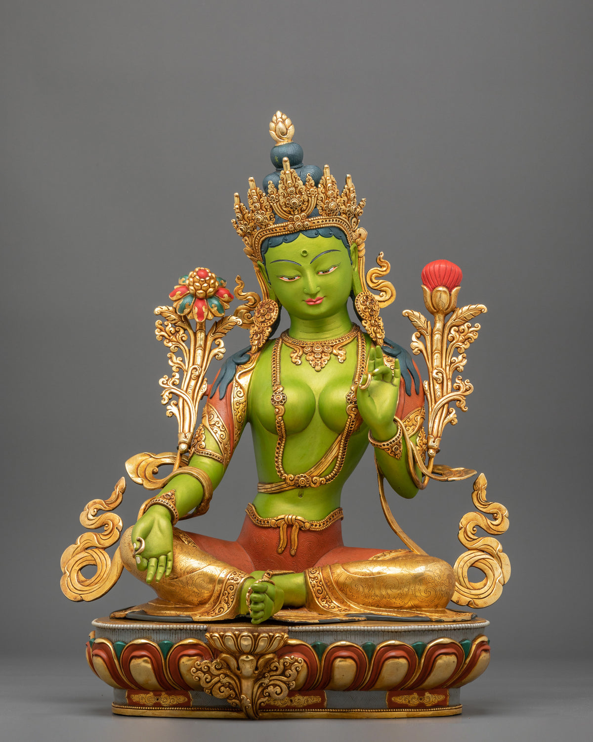 Green Tara Statue | Gold and Acrylic Painted Figurine