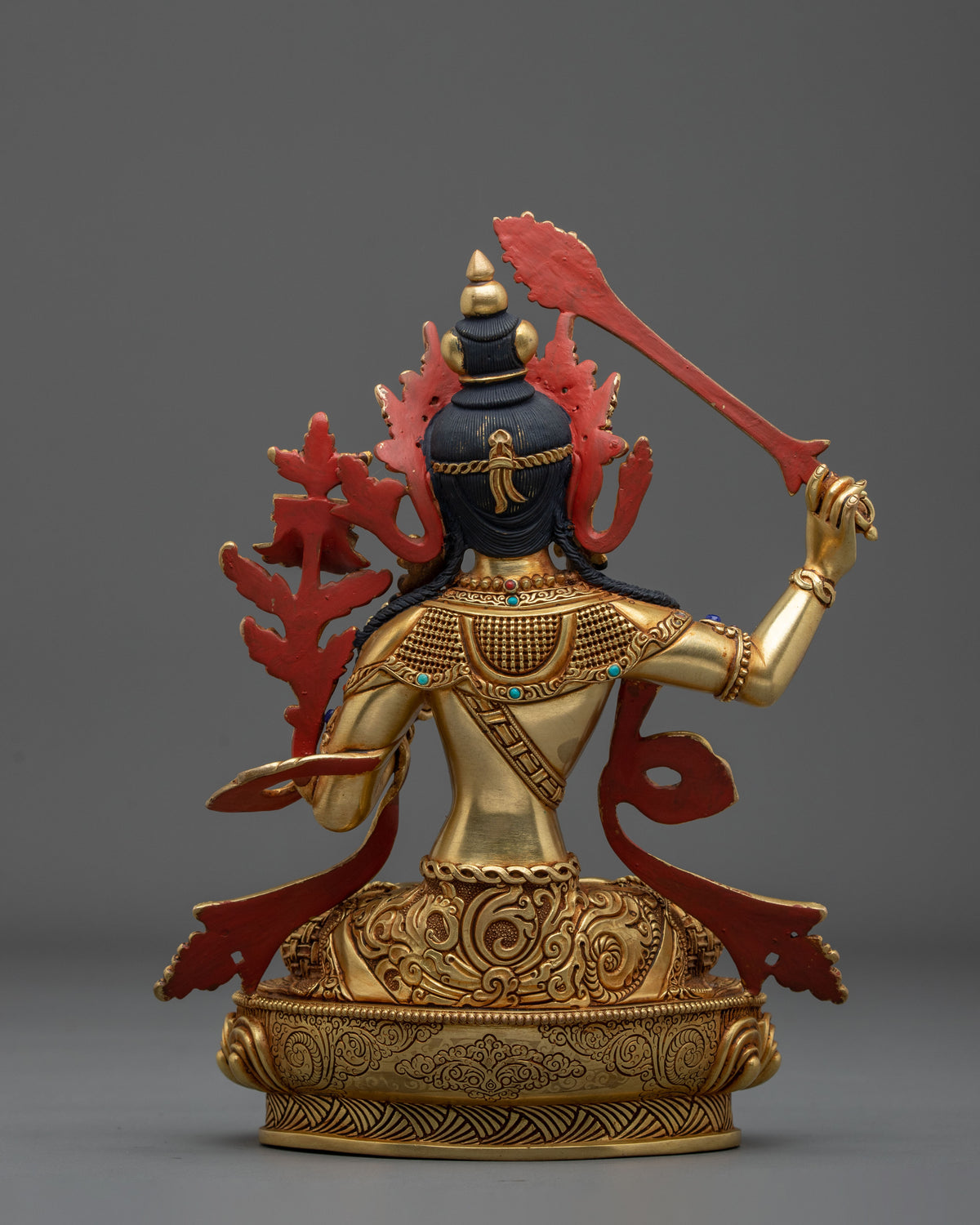 Hand-Carved Manjushri Sculpture | 24K Gold Gilded Statue