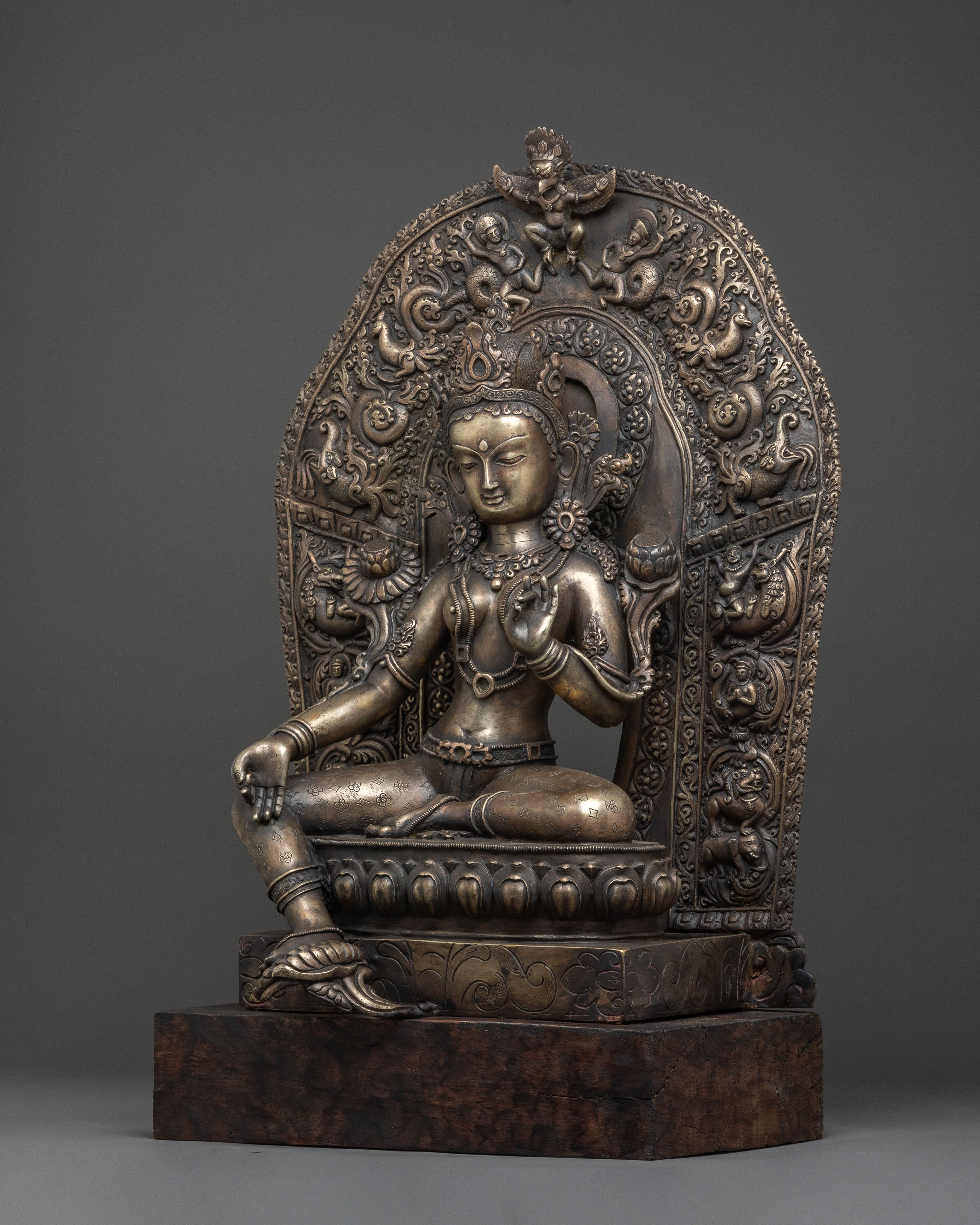Green Tara Statue | Bronze Figure with Wooden Base