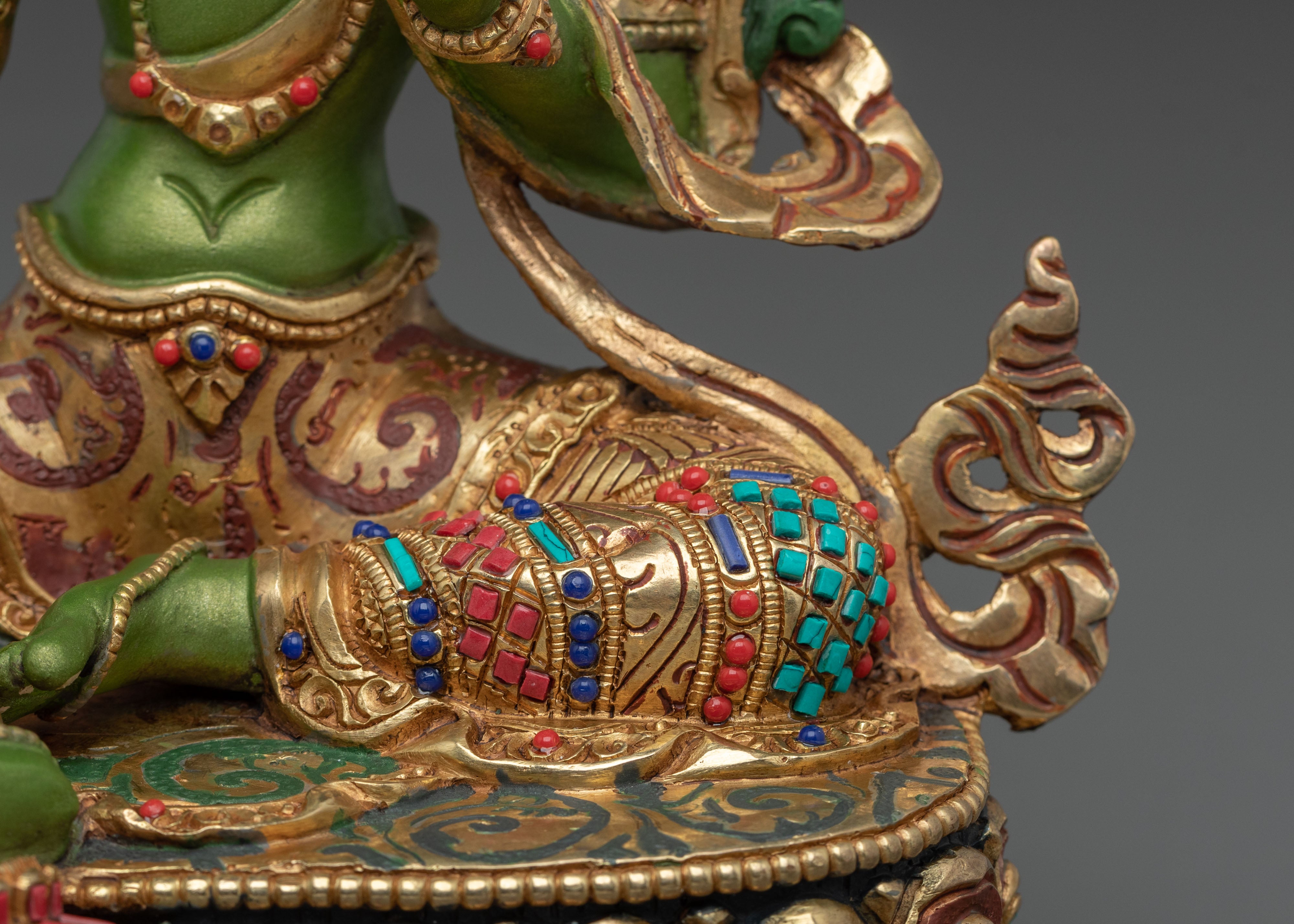 Green Tara 24K Gold Gilded Statue | Goddess of Compassion and Protection
