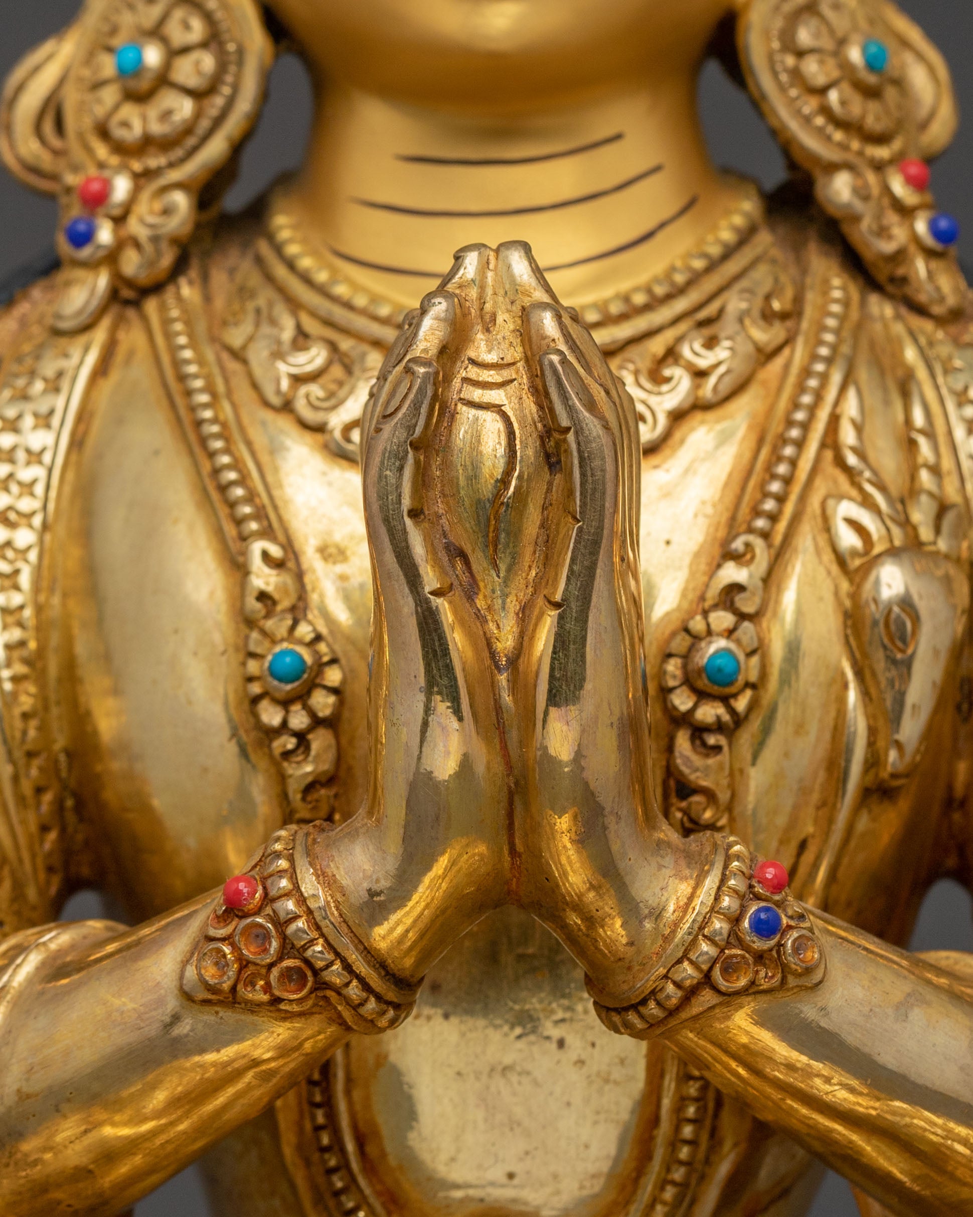 Four-Armed Chenrezig Statue: 24K Gold Gilded Serenity