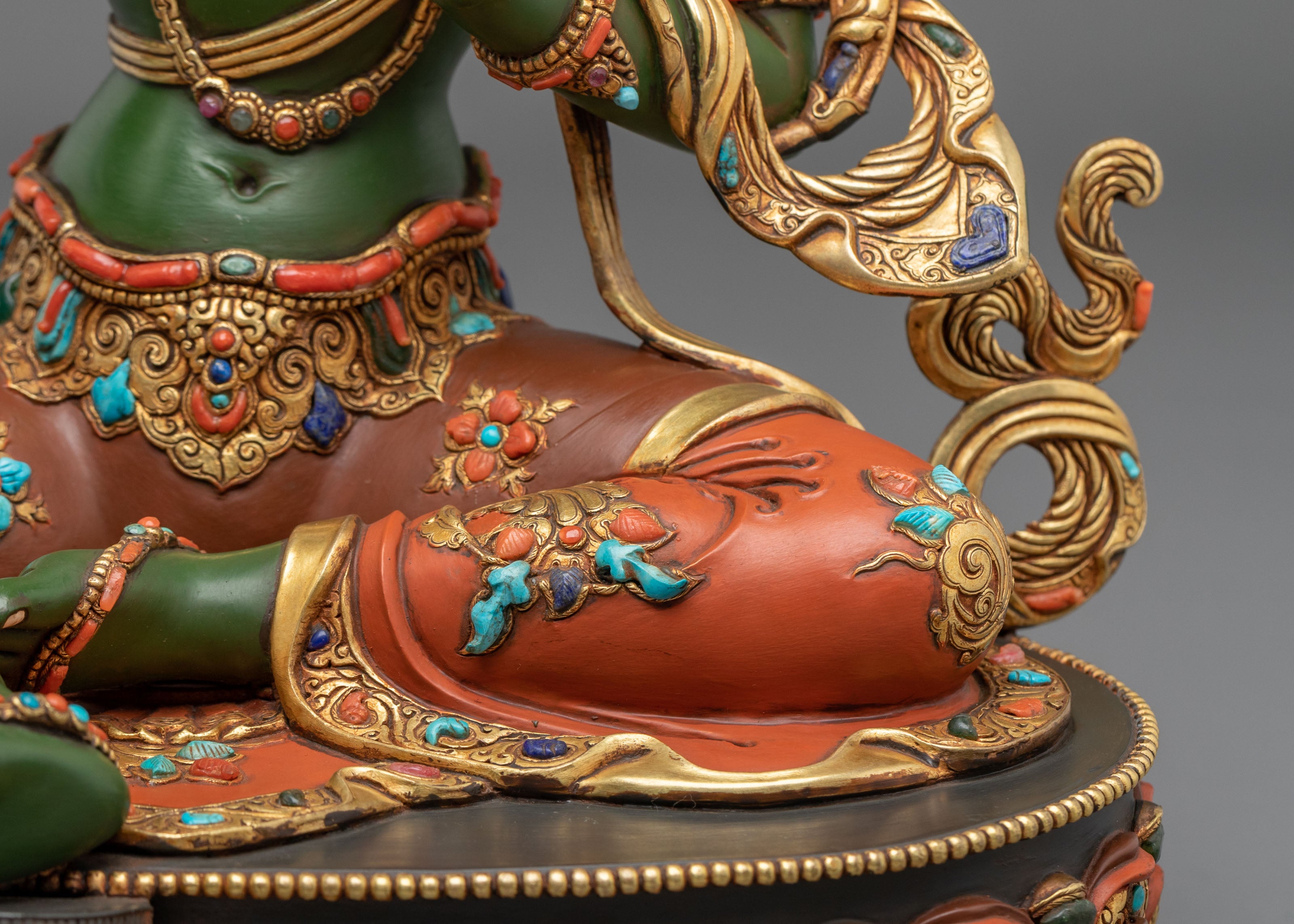 Green Tara Sculpture | Handmade Statue Adorned with Gemstones